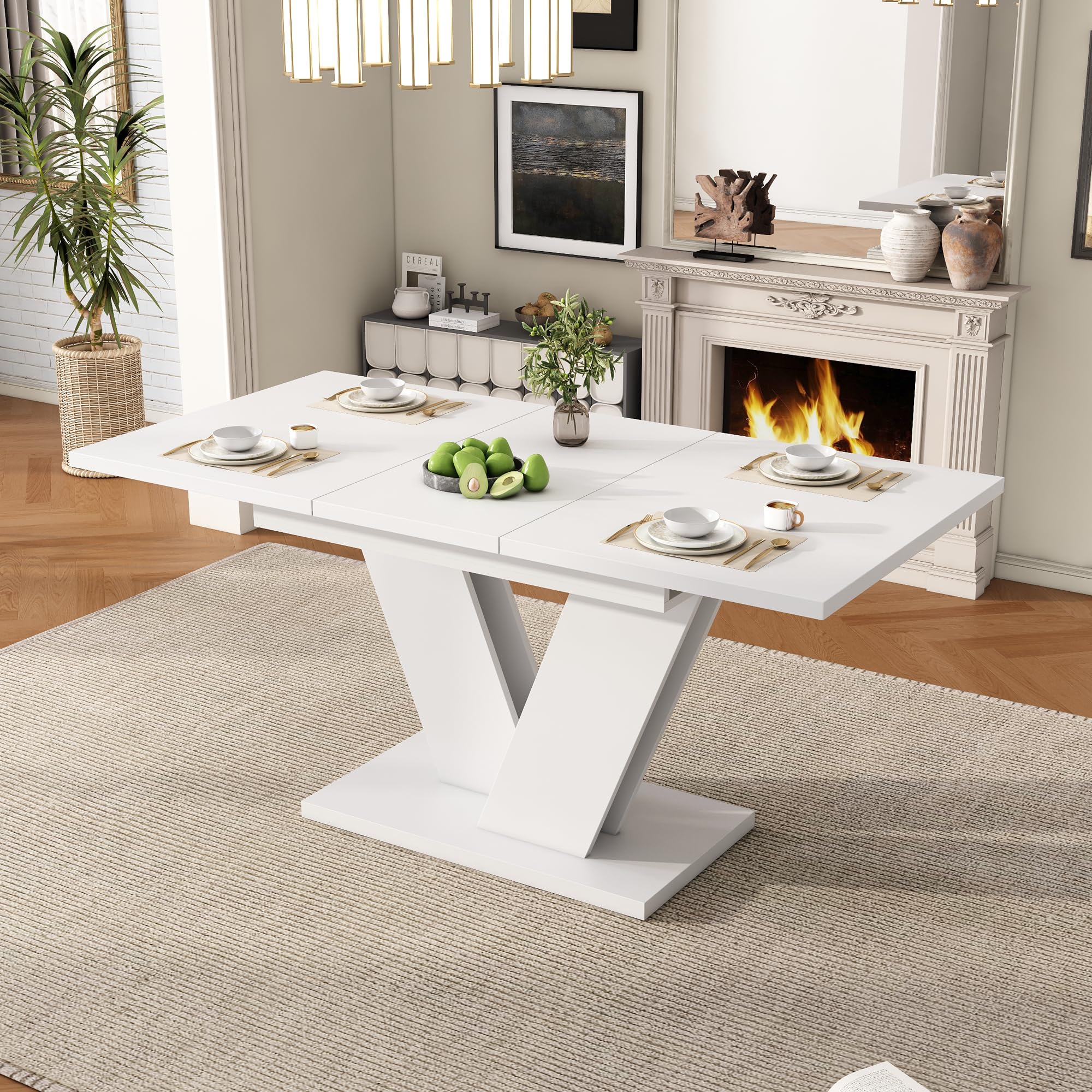 Mesa de comedor extensible 120/160 x 80 x 75,5 cm, adecuada para 4-6 personas, mesa rectangular de madera, mesa de madera gruesa, patas en forma de V, mesa de comedor extensible, color blanco