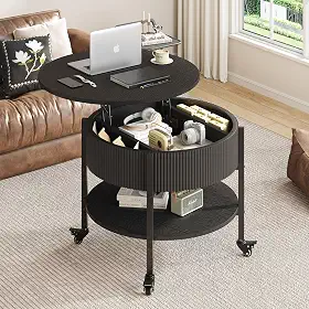 Mesa de centro pequena de 68 cm, mesa de centro redonda canelada com armazenamento, mesa central moderna com mesa elevatória para sala de estar, escritório em casa, preta
