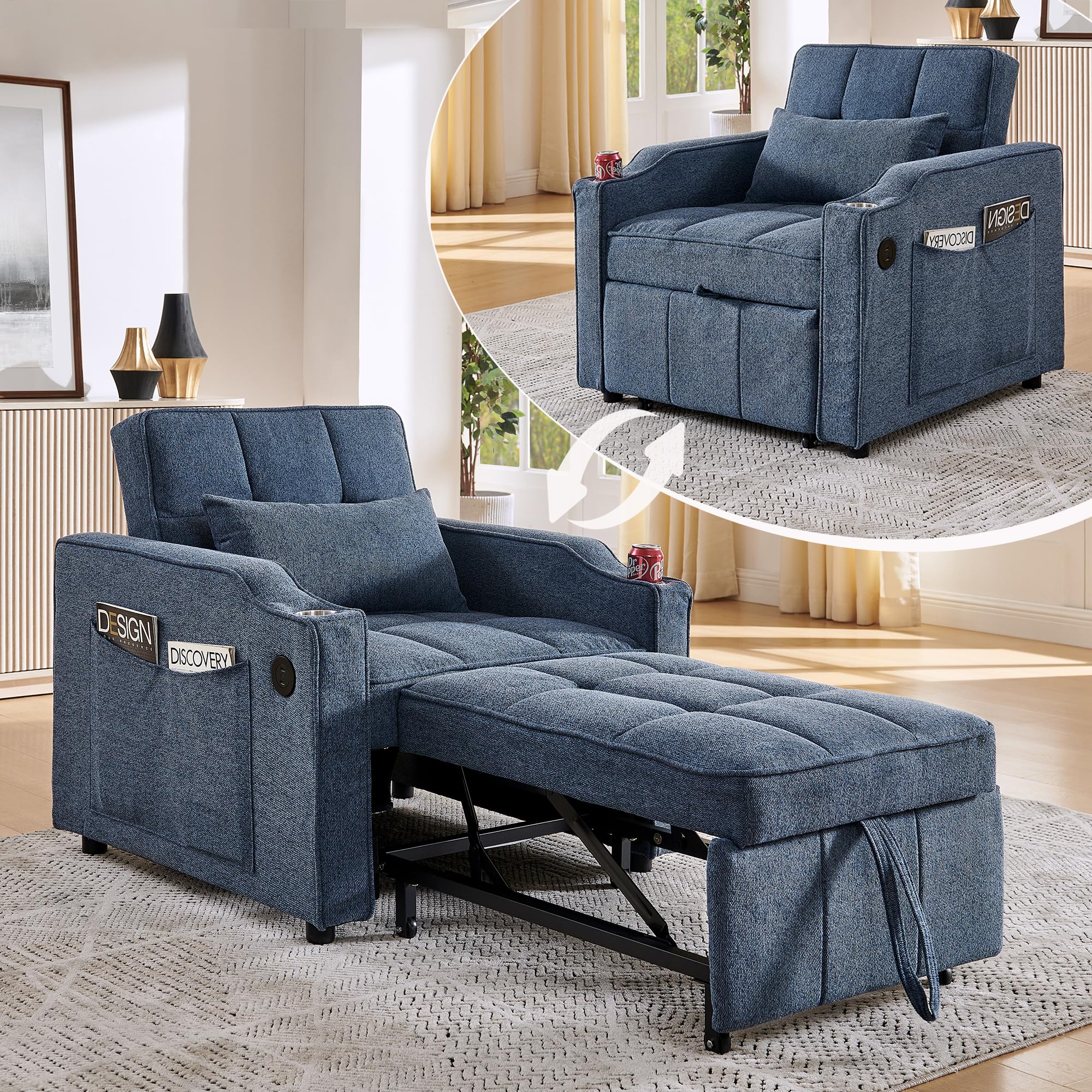 Generisch 3-in-1 Schlafsessel Marineblau 190cm Liegefläche mit USB/Type-C Anschluss, Edelstahl-Getränkehalter, 3-stufig Verstellbarer Rückenlehne, Seitentaschen, Schlafsofa für kleine Räume & Gäste