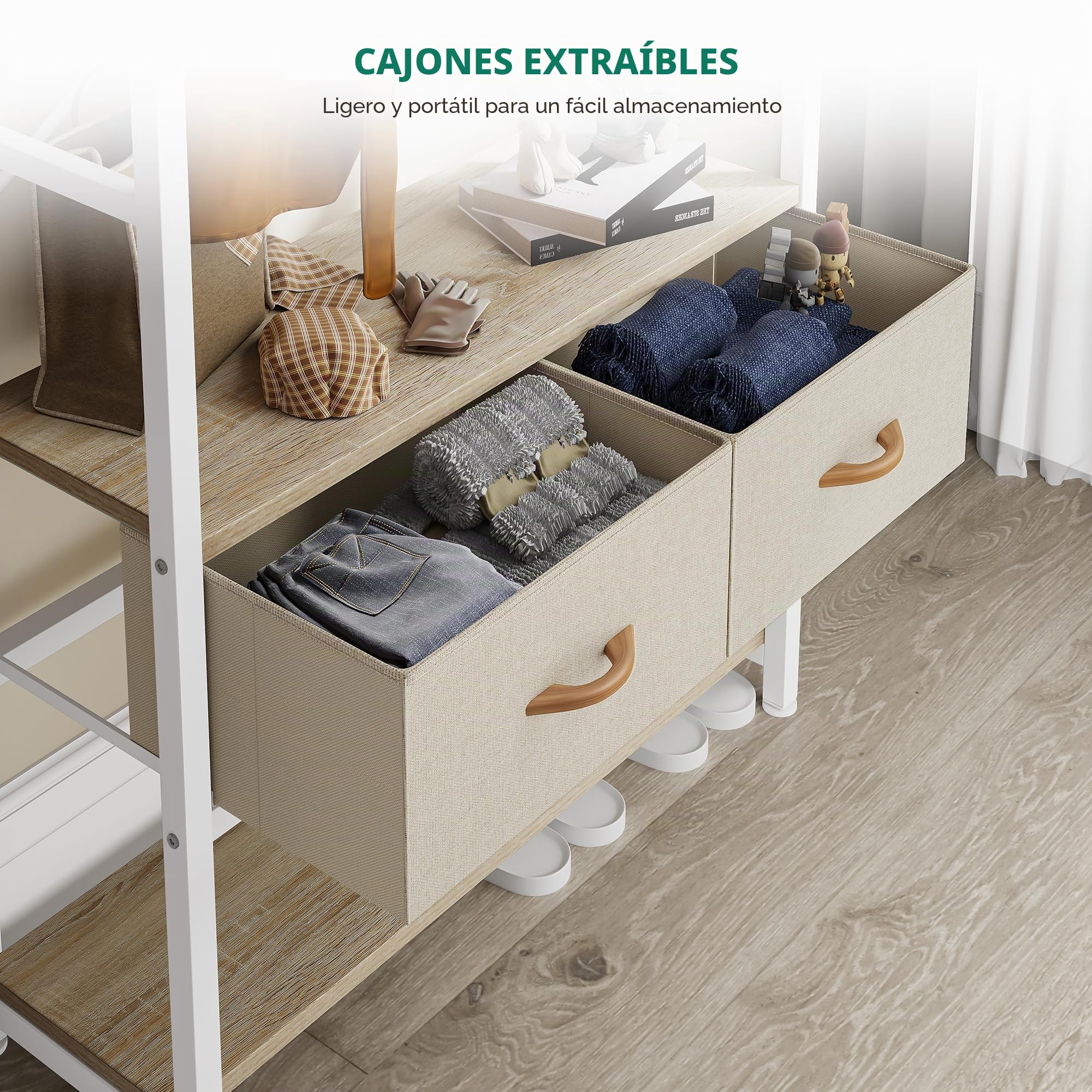 YITAHOME Perchero, Perchero 6 en 1 con 2 Cajones, Colgador Metálico con Zapatero, Barra Colgar Ropa de Madera y Metal con 8 Ganchos, para Recibidor, Sala de Estar, Dormitorio, Blanco y Roble