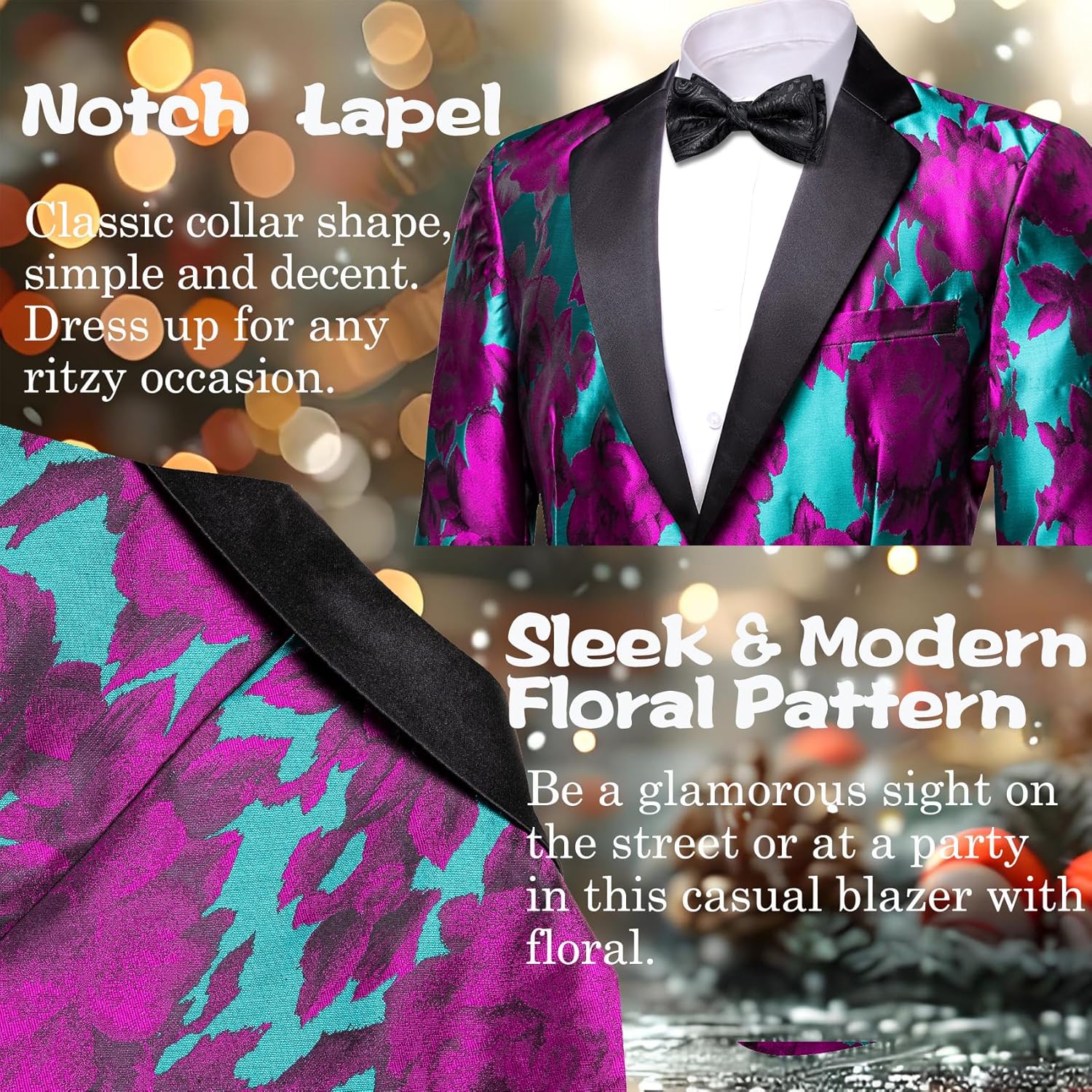 Barry.Wang Mens Flowers Blazer Suit Jacket Floral Jacquard Notched Lapel Tuxedo Casual Sport Coat Disco Prom Wedding Party - Image 2