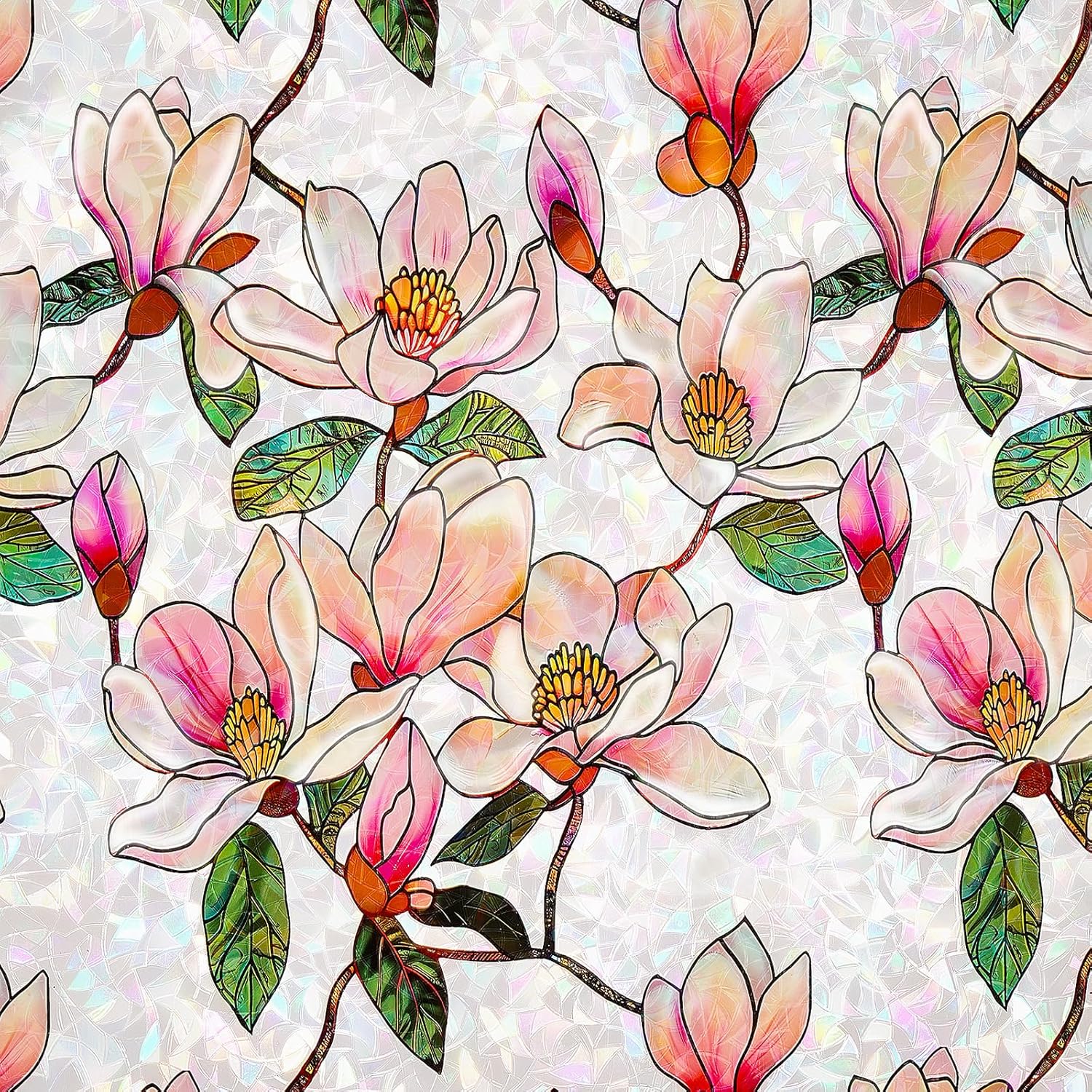 FEOMOS Stained Glass Window Film, Decorative Floral Window Privacy Film with Sun & UV Heat Blocking, Rainbow Window Covering Magnolia Sticker for Home 35.4 x 78.7 Inches