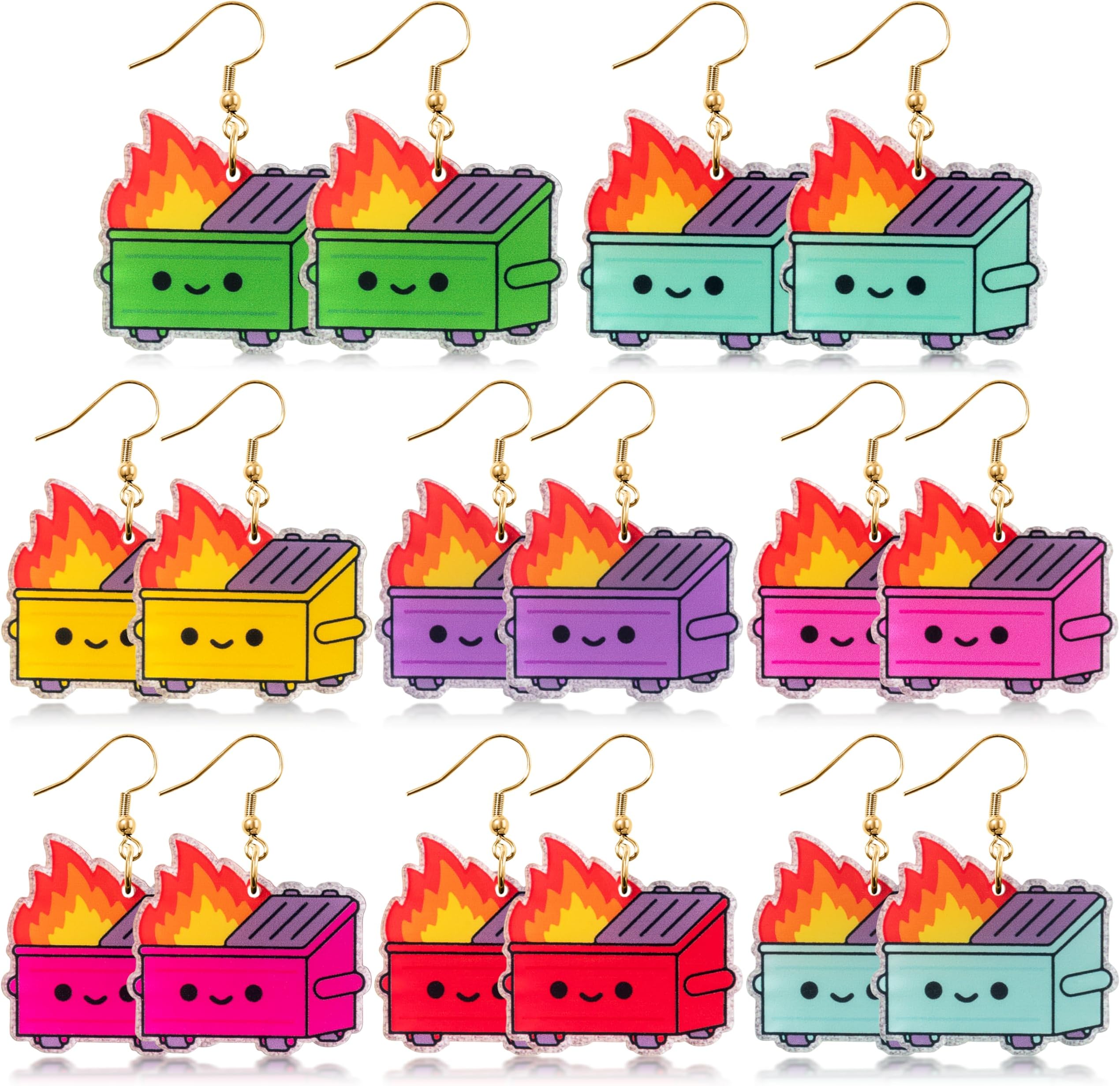 Dumpster Fire Earrings - 8 Pairs Funny Trendy Trash Fire Dangle Drop Earrings 8 Colored Novelty Cute Lightweight Dumpster Jewelry Perfect Earring Gift for Grils Women Humor Lovers