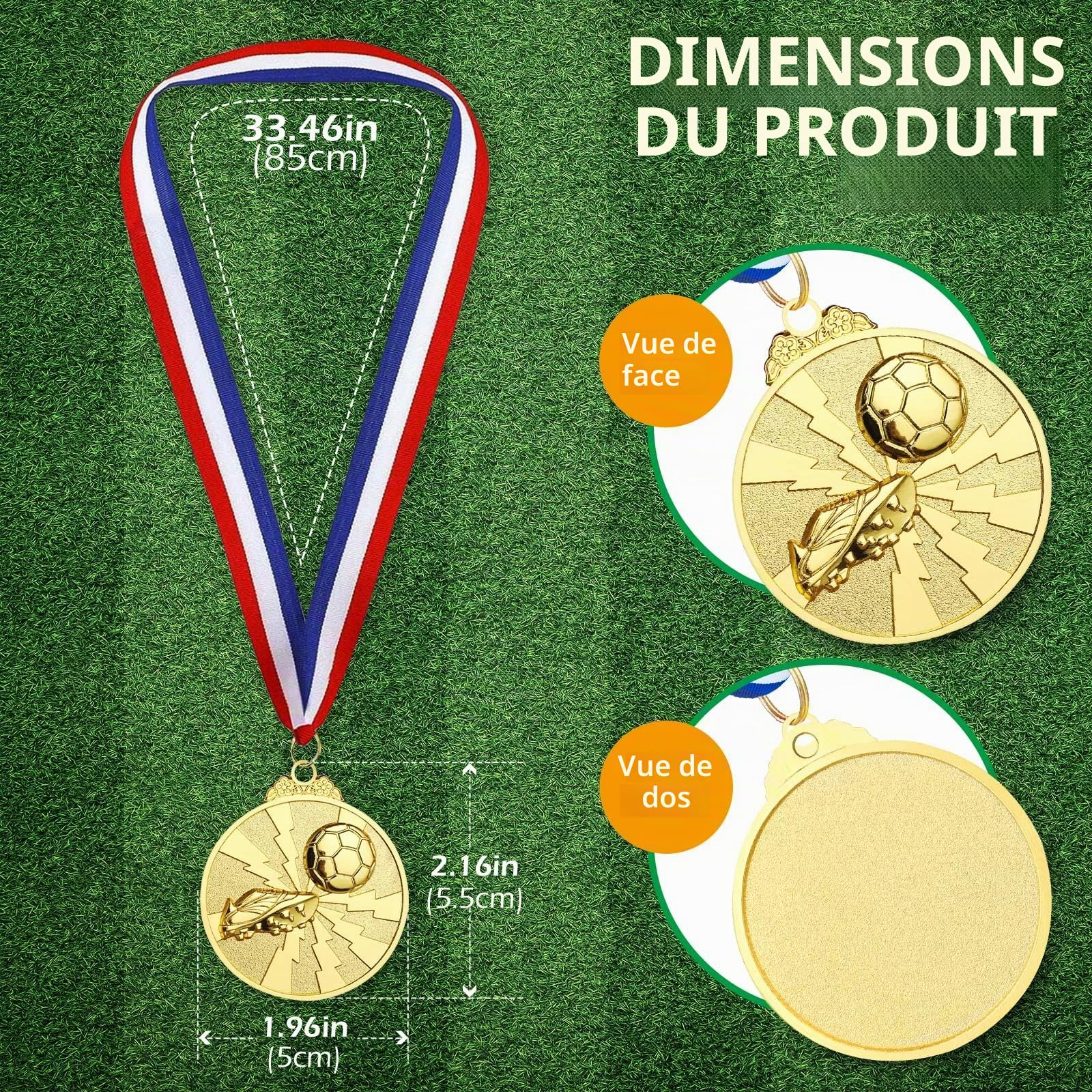 Lot De 12 Médailles D'or Football – Alliage De Zinc, 5cm, Recto éclair/ballon, Verso Vierge – Collier 40cm, Pour Compétitions Et Récompenses