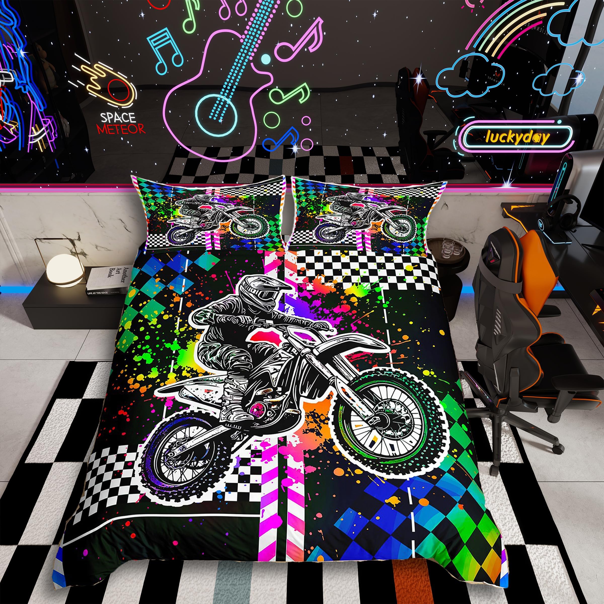 Loussiesd Kids Dirt Bike Bedding Set Double Duvet Cover Motorbike