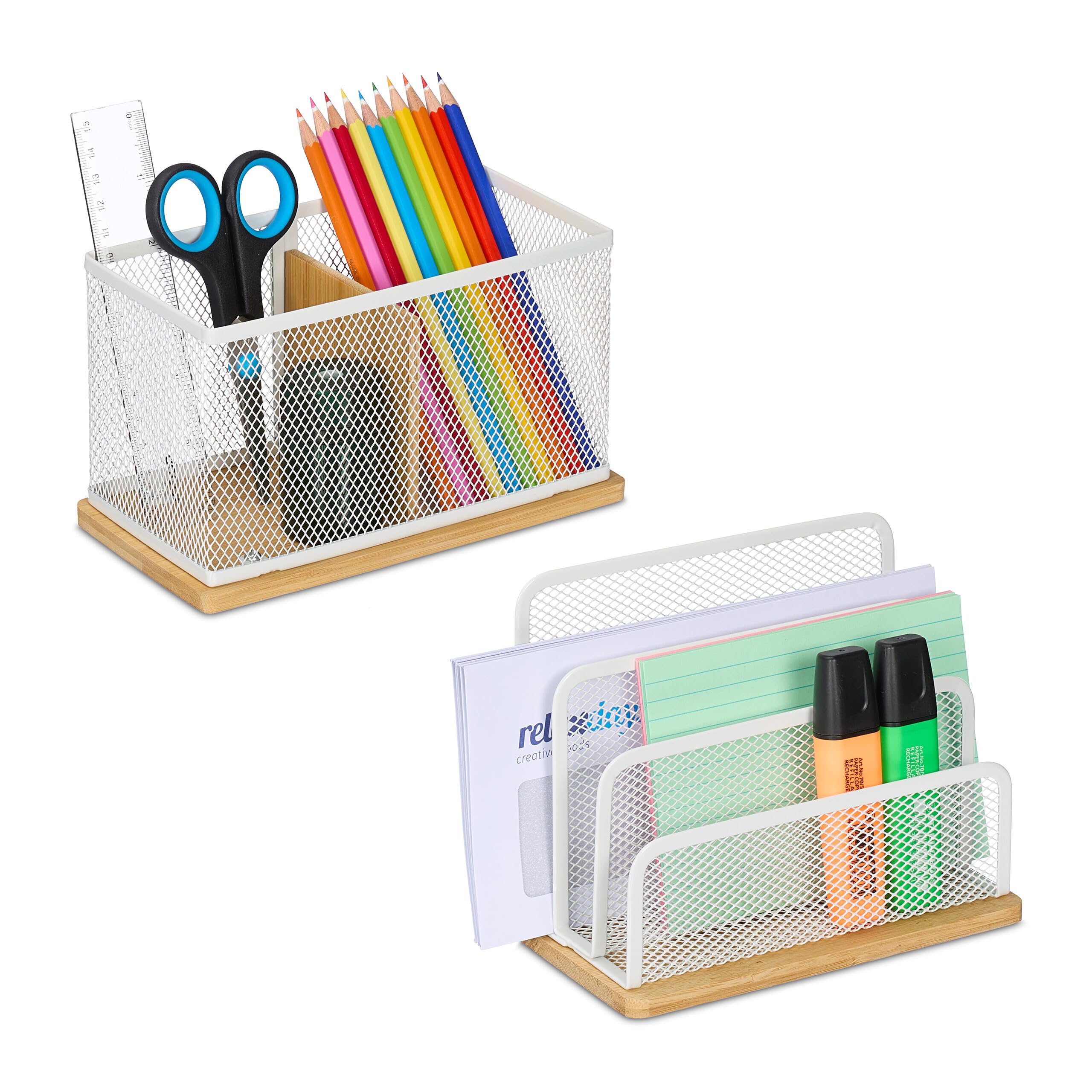 Relaxdays Desk Organiser, Set including 2 Pieces, Letter Stand & Pen Holder, for Office Metal and Bamboo, White/Natural