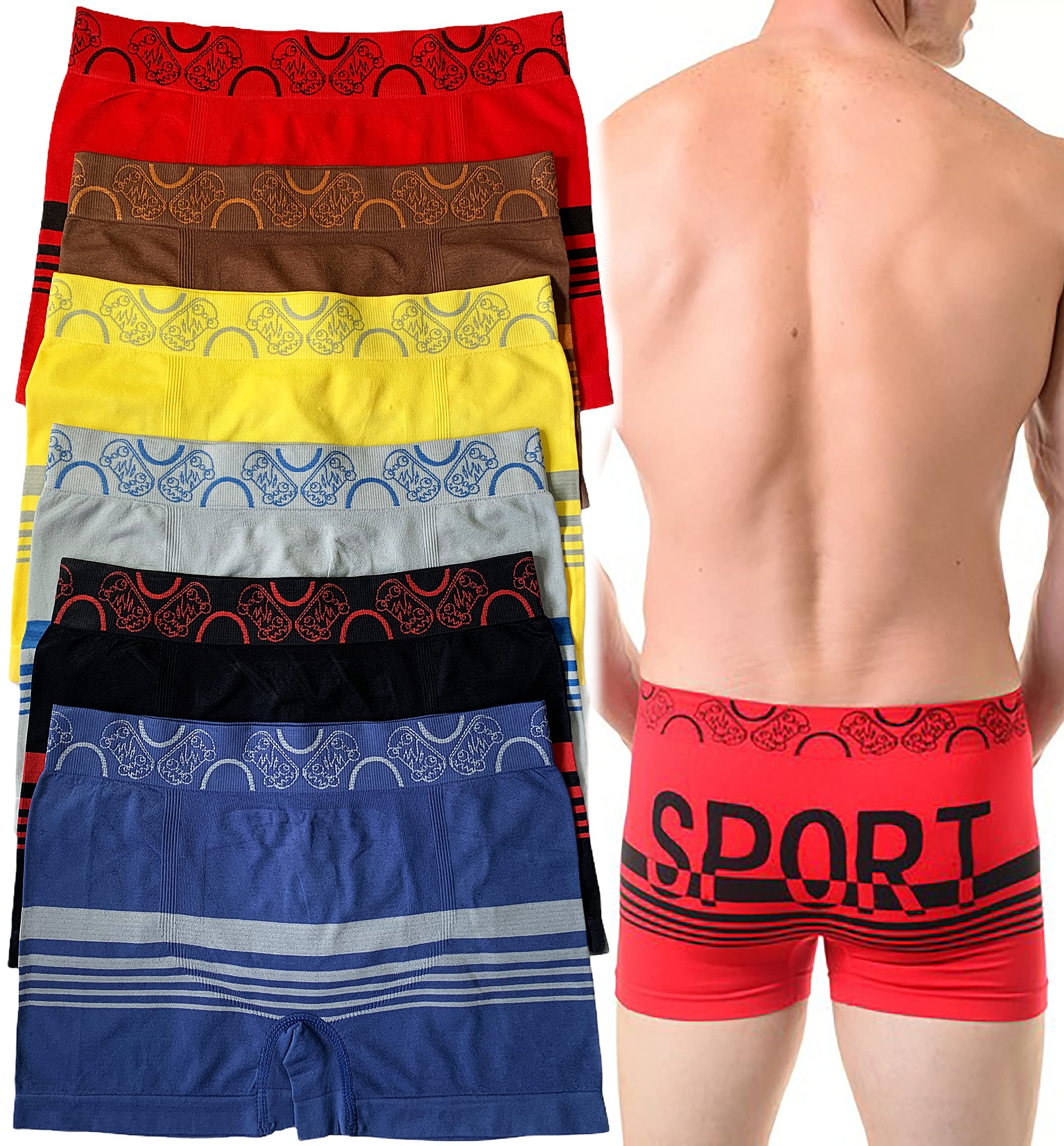 ToBeInStyle Men's Pack of 6 Seamless Boxer Briefs in Solid and Stripe Designs
