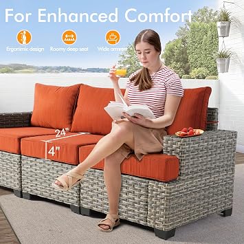 Patio Outdoor Furniture Set - All Weather Wicker Modular Sectional Sofa Couch,Patio Seating Outdoor Conversation Sets for Deck Yard Garden (Orange Red, 8 Pcs w/Swivel Glider)