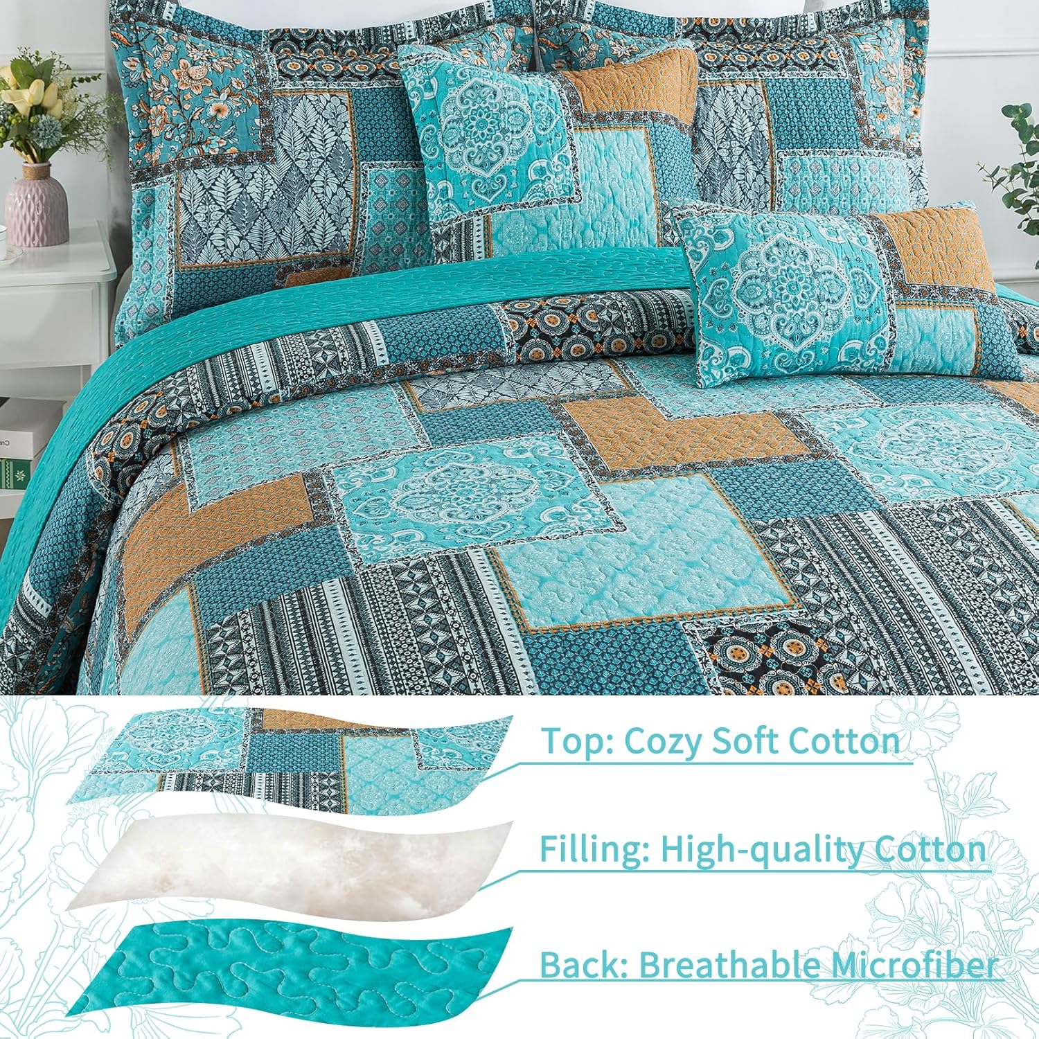 VAPUTAR King Size Quilt Bedding Set - Soft Cotton King Size Bedspreads (98 * 106 in) - Lightweight Patchwork Floral Quilts for Farmhouse Bedroom (Teal/Green Chic, 3 Pieces) - Image 4