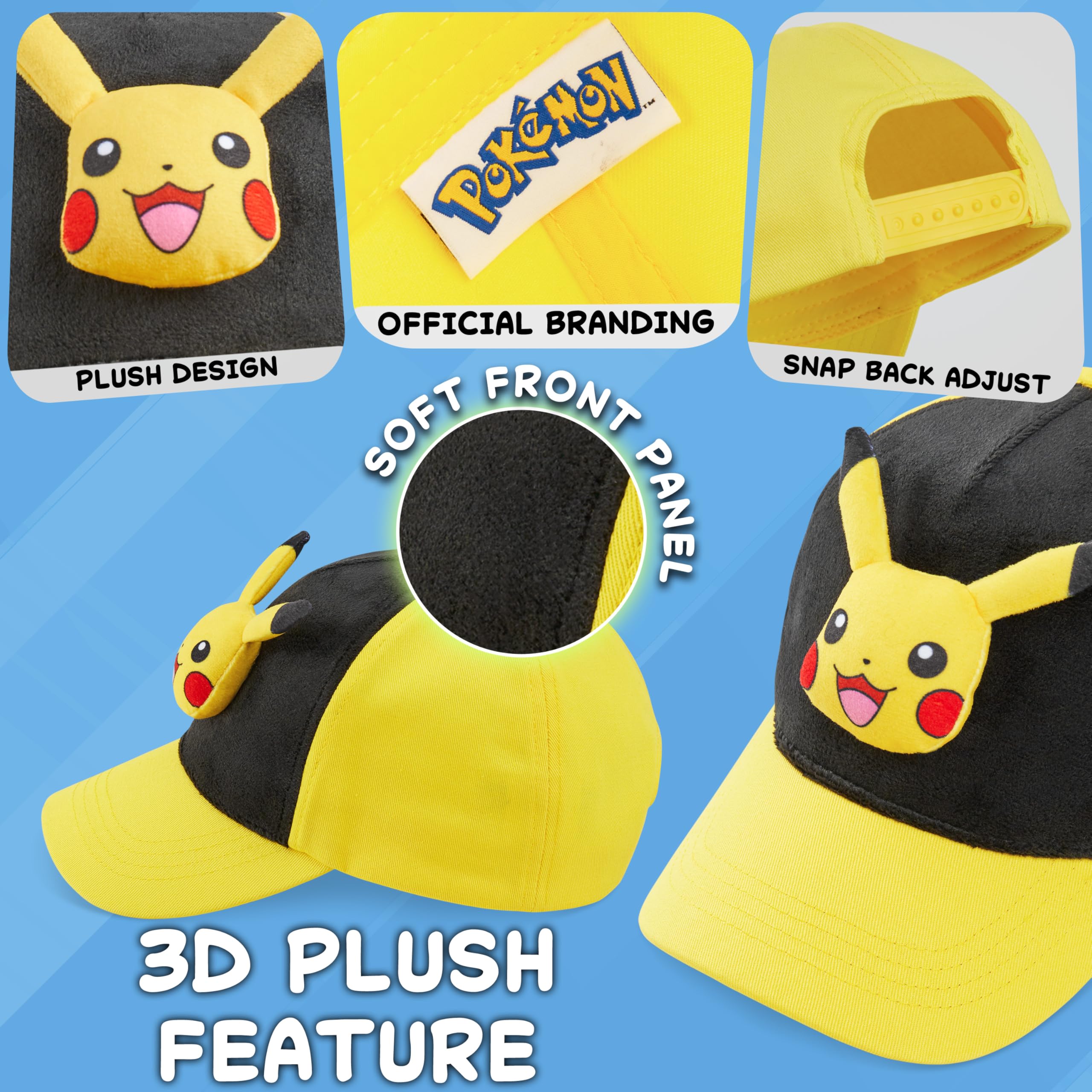 Pokémon Gorra Niño 3D Pikachu Bulbasaur, Anime Gorras Infantiles Ajustable Peluche Regalo