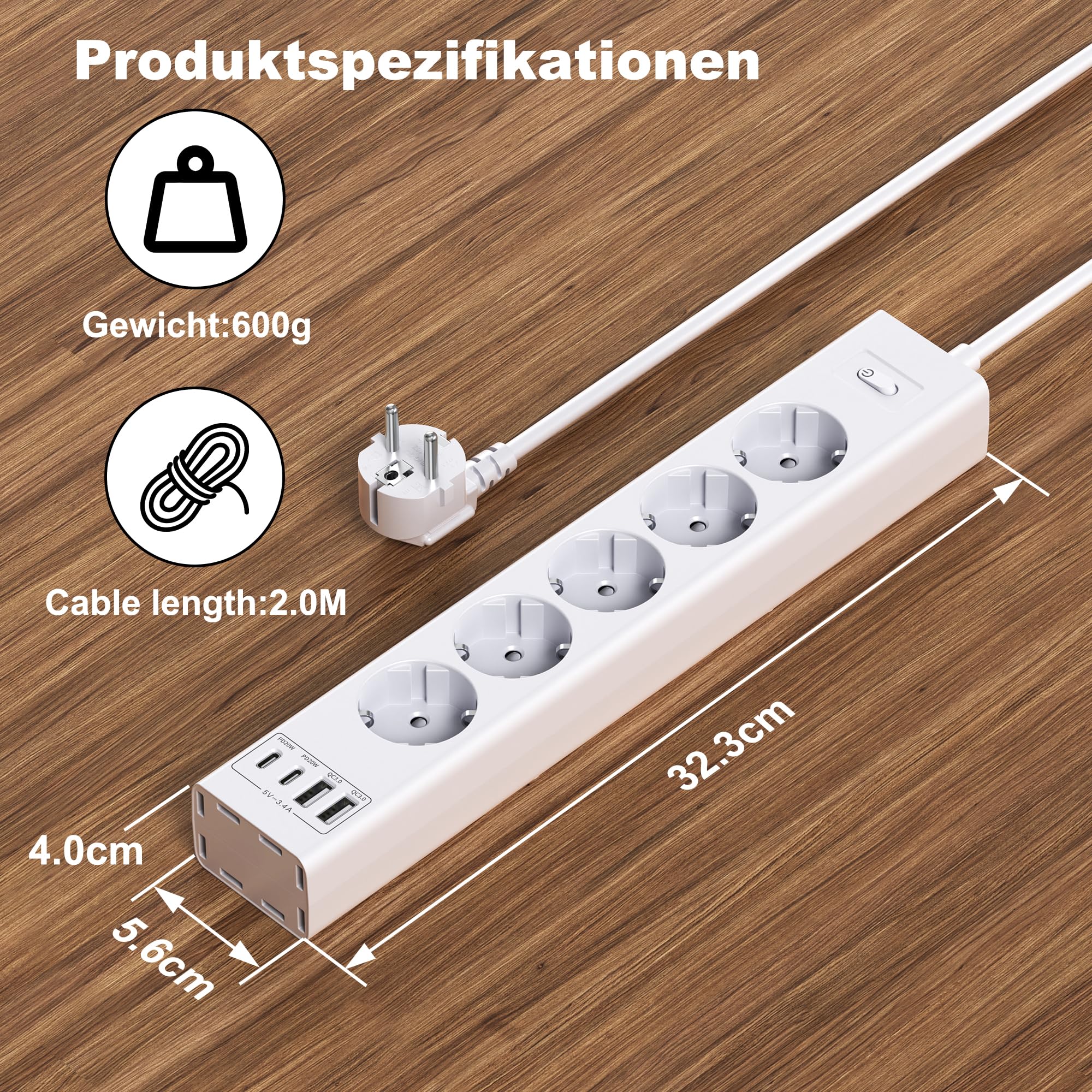 Ciabatta elettrica con 5 prese con porte USB, cavo da 2 m, colore bianco.