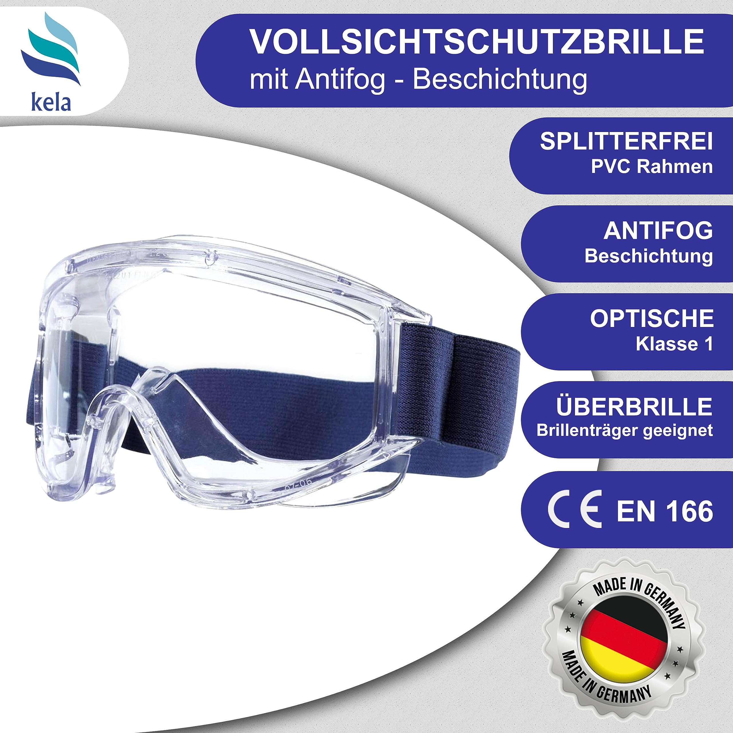 kela 2er Pack Vollsichtschutzbrillen ACT I 100% Made in Germany | Ventilation Anti Fog Beschichtung | Acetatscheibe gegen Chemikalien I breites Kopfband | Baustelle, Labor, Werkstatt