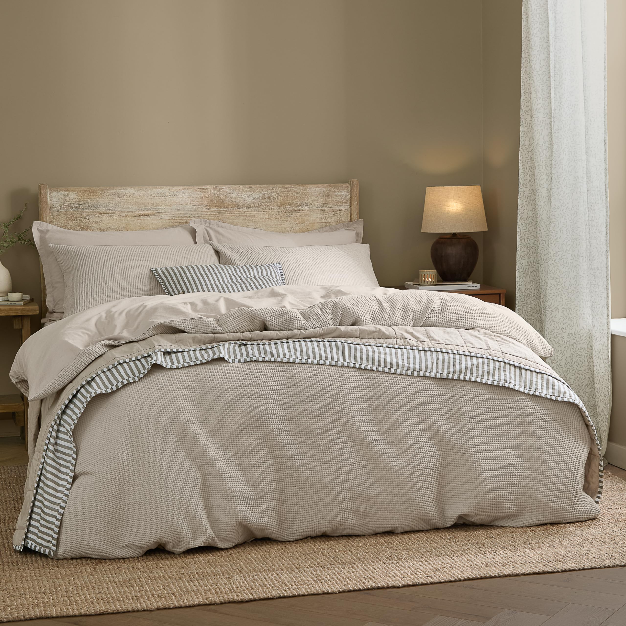 Yard furn Hebden Waffle Duvet Cover Set – Soft Relaxed Cotton Textured Bedding Set (Stone – Super King)