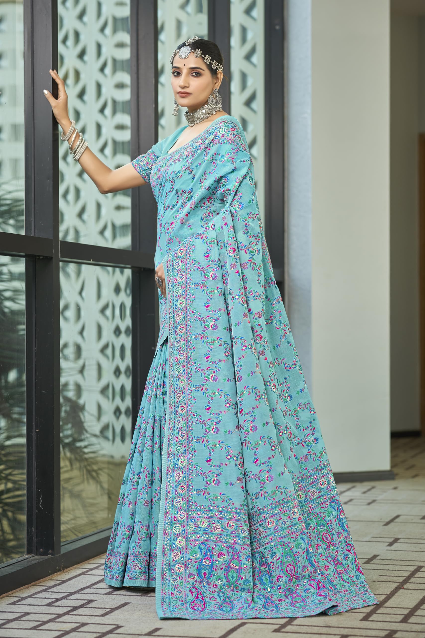 Glory Sarees Women's Kashmiri Cotton Woven Saree With Blouse Piece (Heritage_Silk108_Firozi) 1