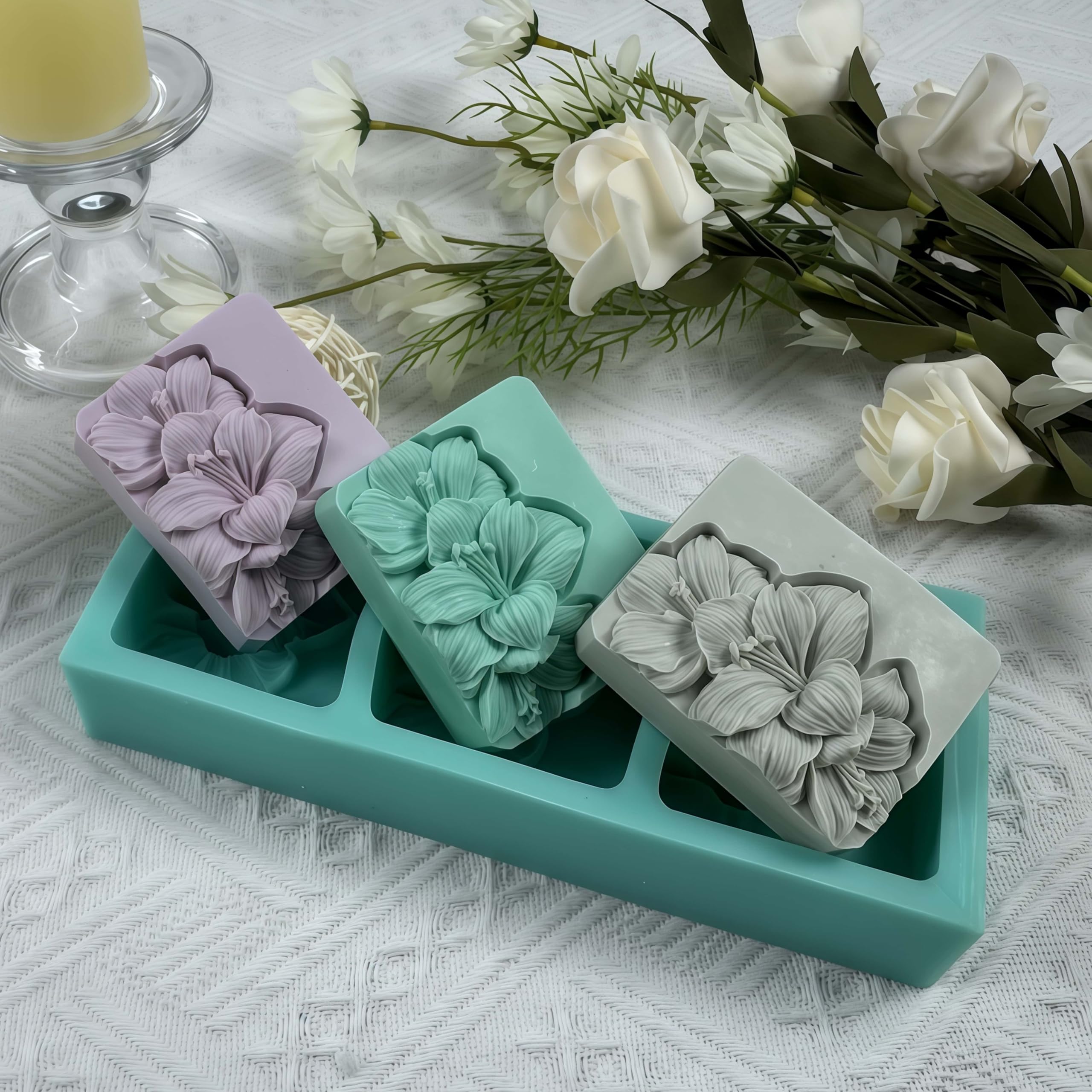 Molde de jabón natural de 3 agujeros, hecho a mano, de silicona, para hacer jabón, de flores, chocolate, pasteles, resina, yeso, para manualidades