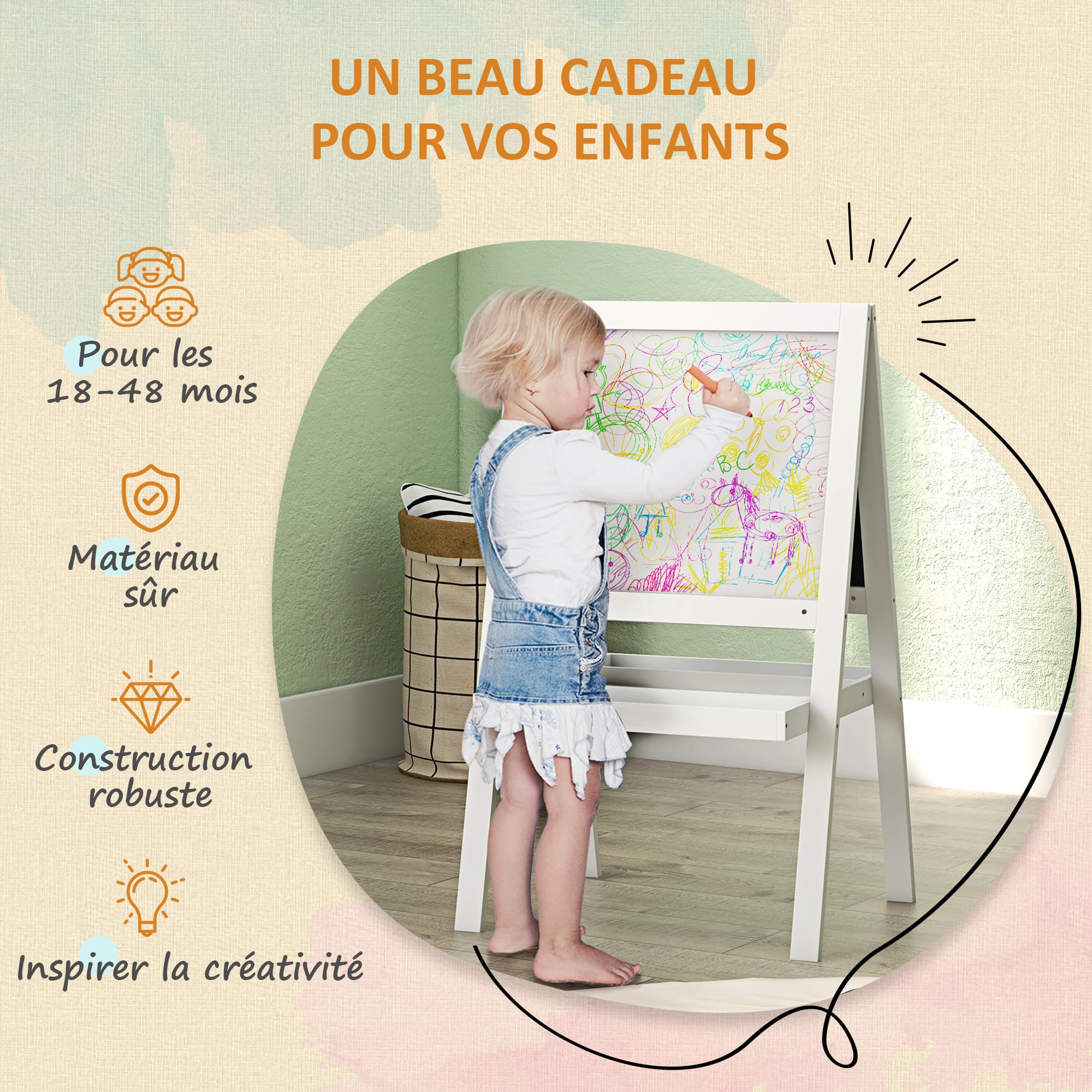 AIYAPLAY Tableau Chevalet Enfant 2 en 1 - Face Ardoise Magnétique et Face Tableau Noir à Craie - 2 Plateaux de Rangement Intégrés - Blanc