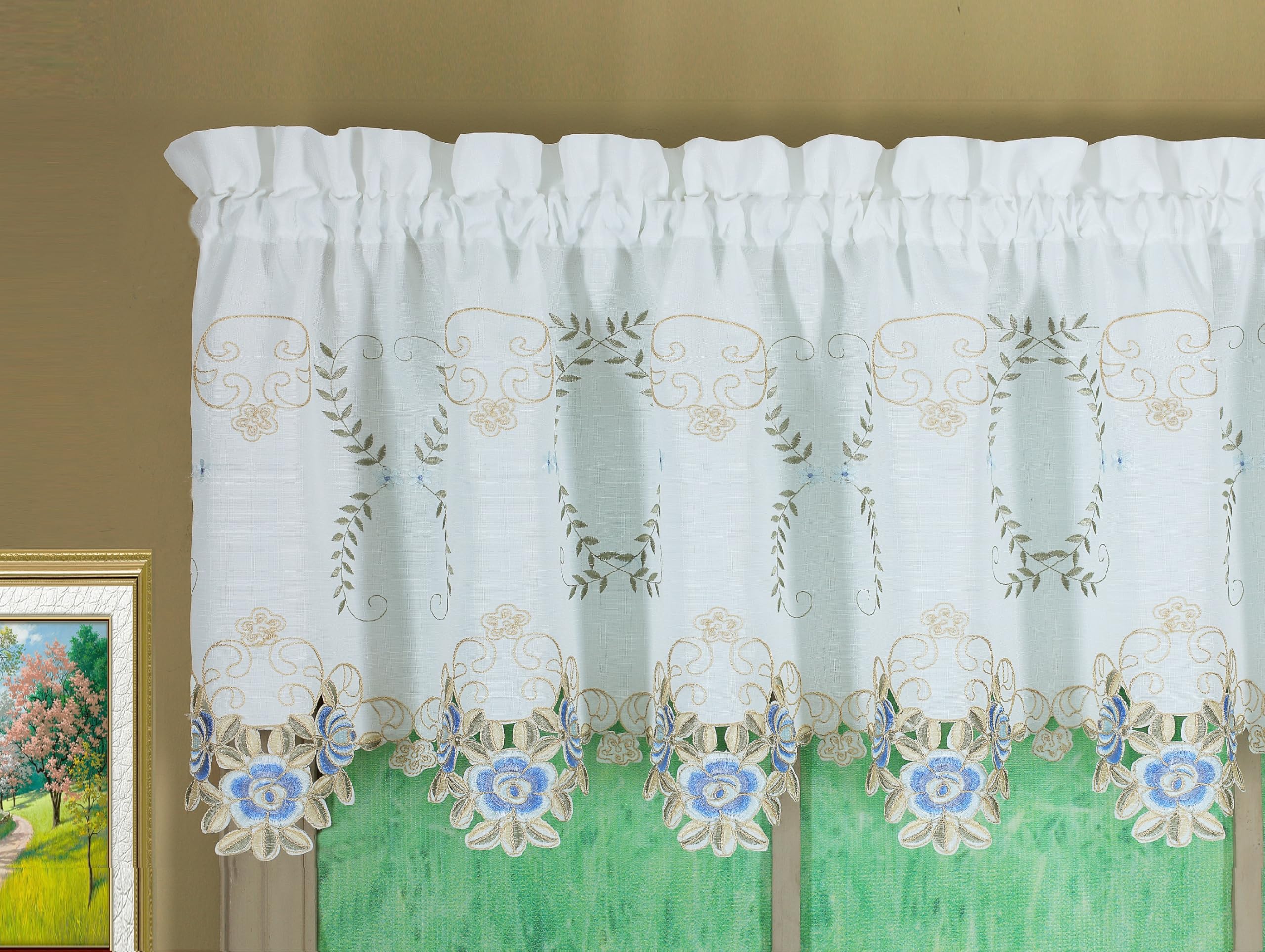 Today's Curtain White/Blue Verona Reverse Embroidery Tailored Valance, 18",