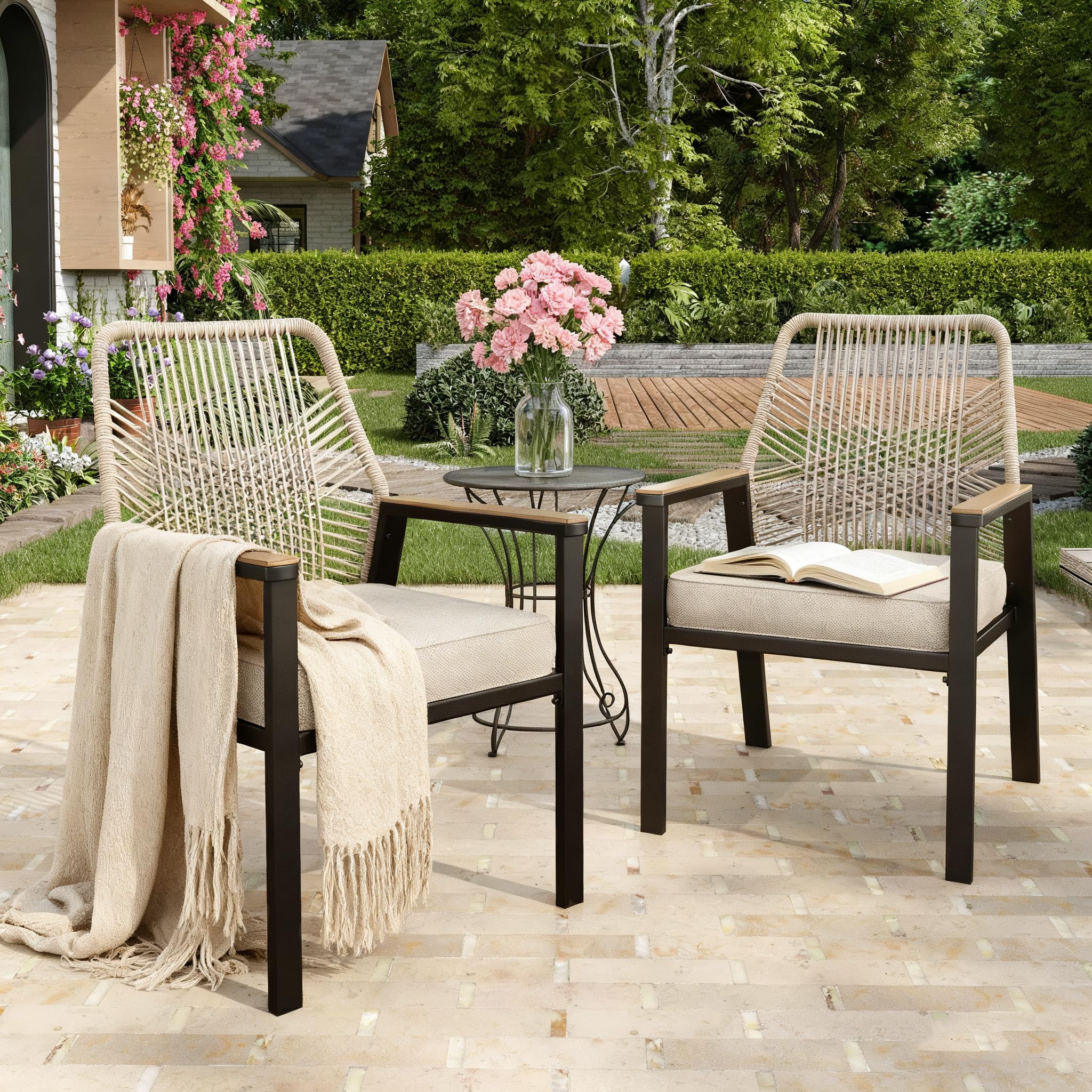 Patio Wicker Chair Sets of 2, Outdoor Dining Chairs with 3.1 inch Seat Cushions, Sturdy Metal Frame & Wood Grain Armrest, Patio Dining Chairs for Porch Backyard, Beige