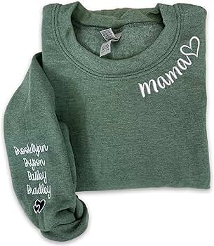 Custom Embroidered Mama Sweatshirt with Kids Name on Sleeve