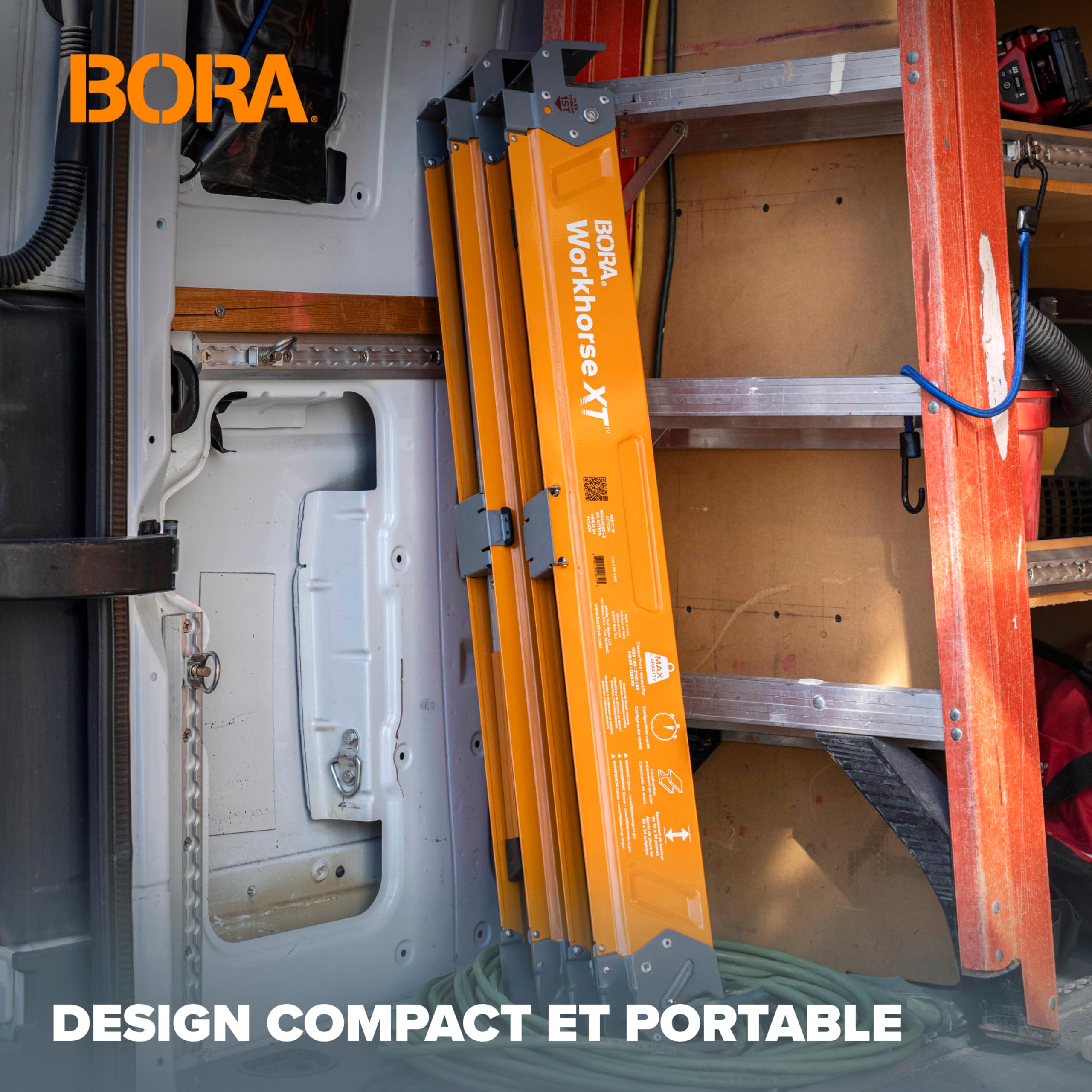 BORA Workhorse XT PM-3360T Lot de 2 chevalets de sciage pliables et réglables en hauteur avec pieds réglables pour entrepreneurs Établi portable avec décapsuleur intégré