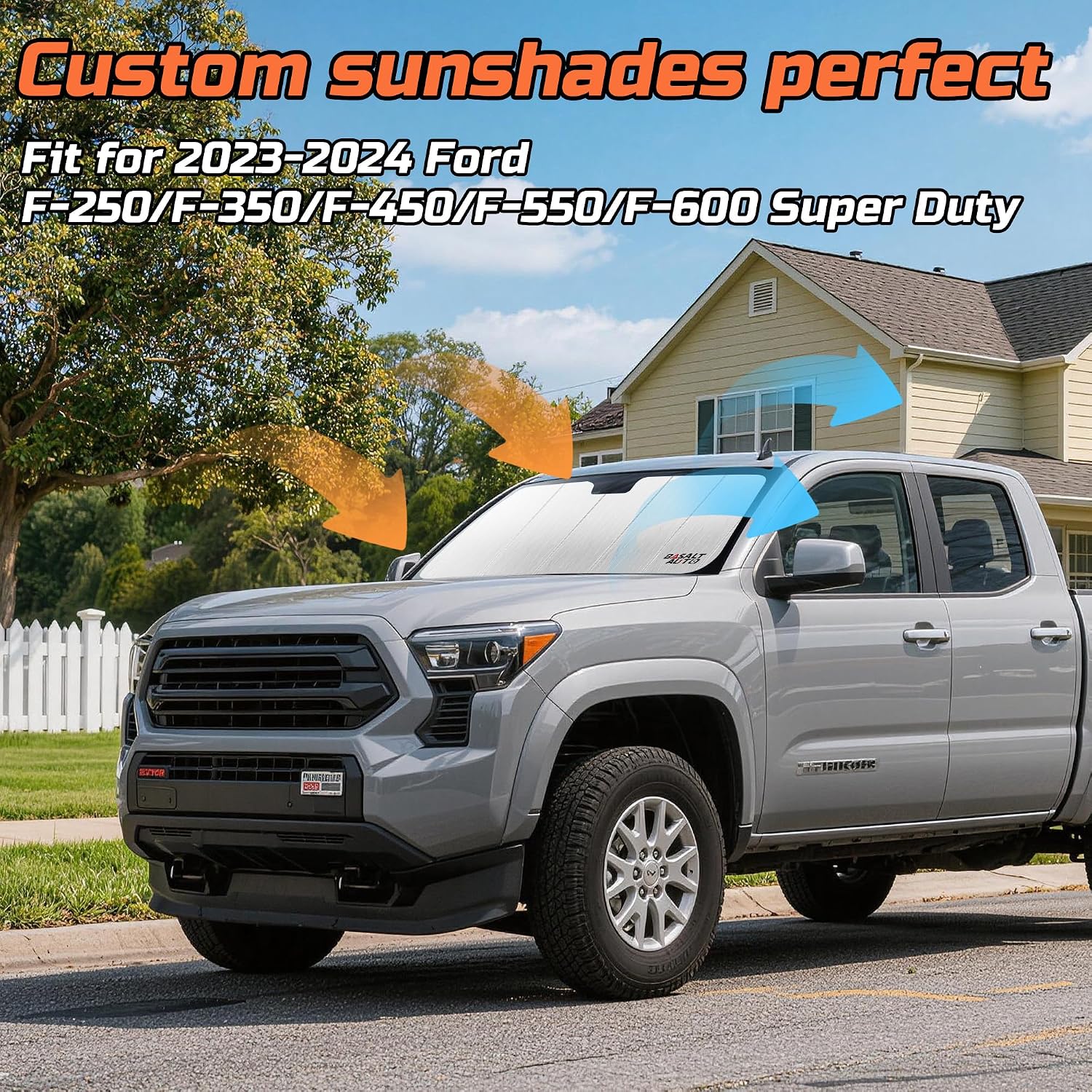 2023-2024 F-250/F-350 Windshield Sun Shade Compatible for 2023-2024 Ford F-250/F-350/F-450/F-550/F-600 Super Duty Silver Reflective Foldable Front Sun Visor Sunshade Protector with Storage