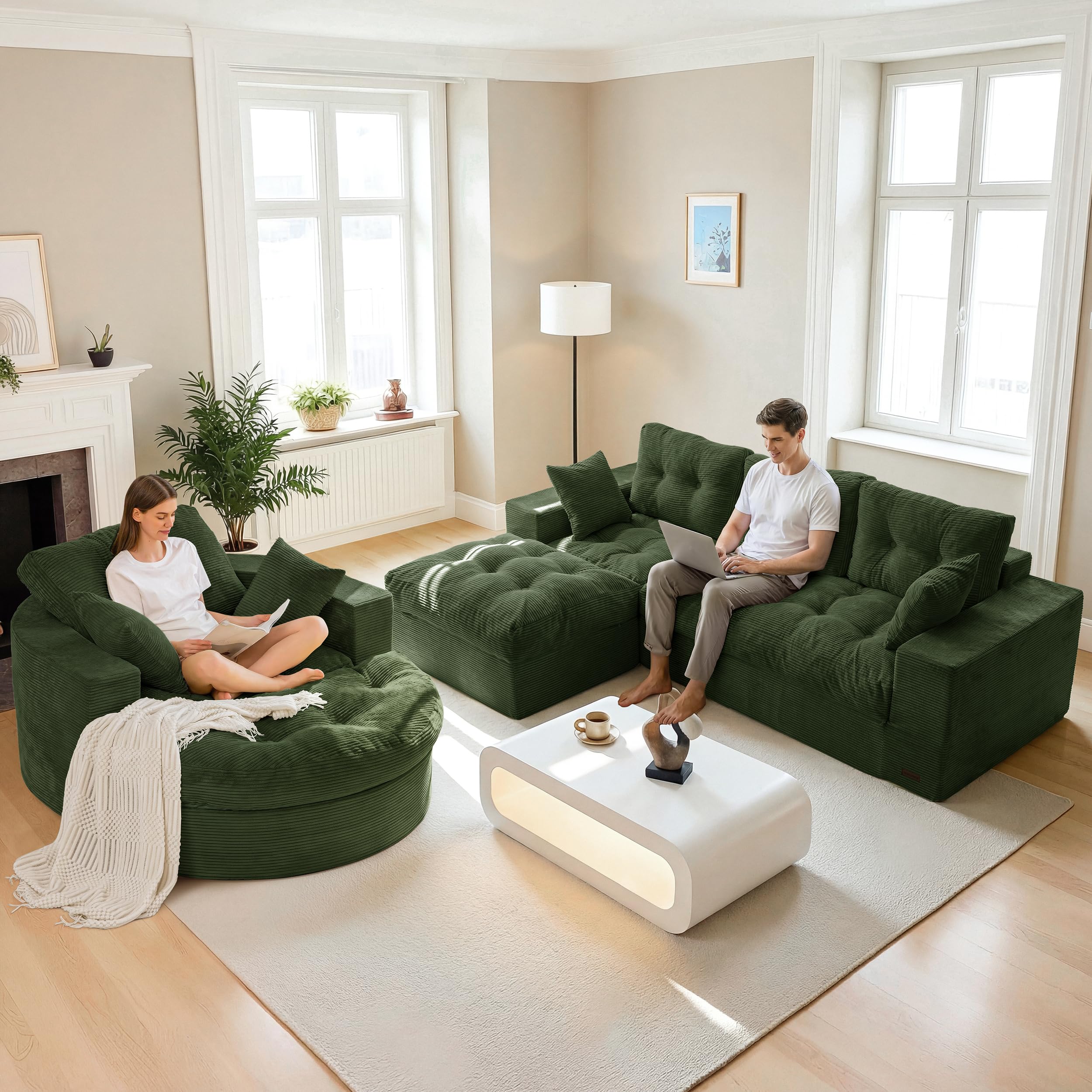 MAXYOYO L Shape Sectional Sofa Couch and Round Chaise Lounge, Modern Cloud Couch with Ottoman, Comfy Sofa with Layered Cushion, Tufted Upholstered Chair for Living Room, No Assembly Required