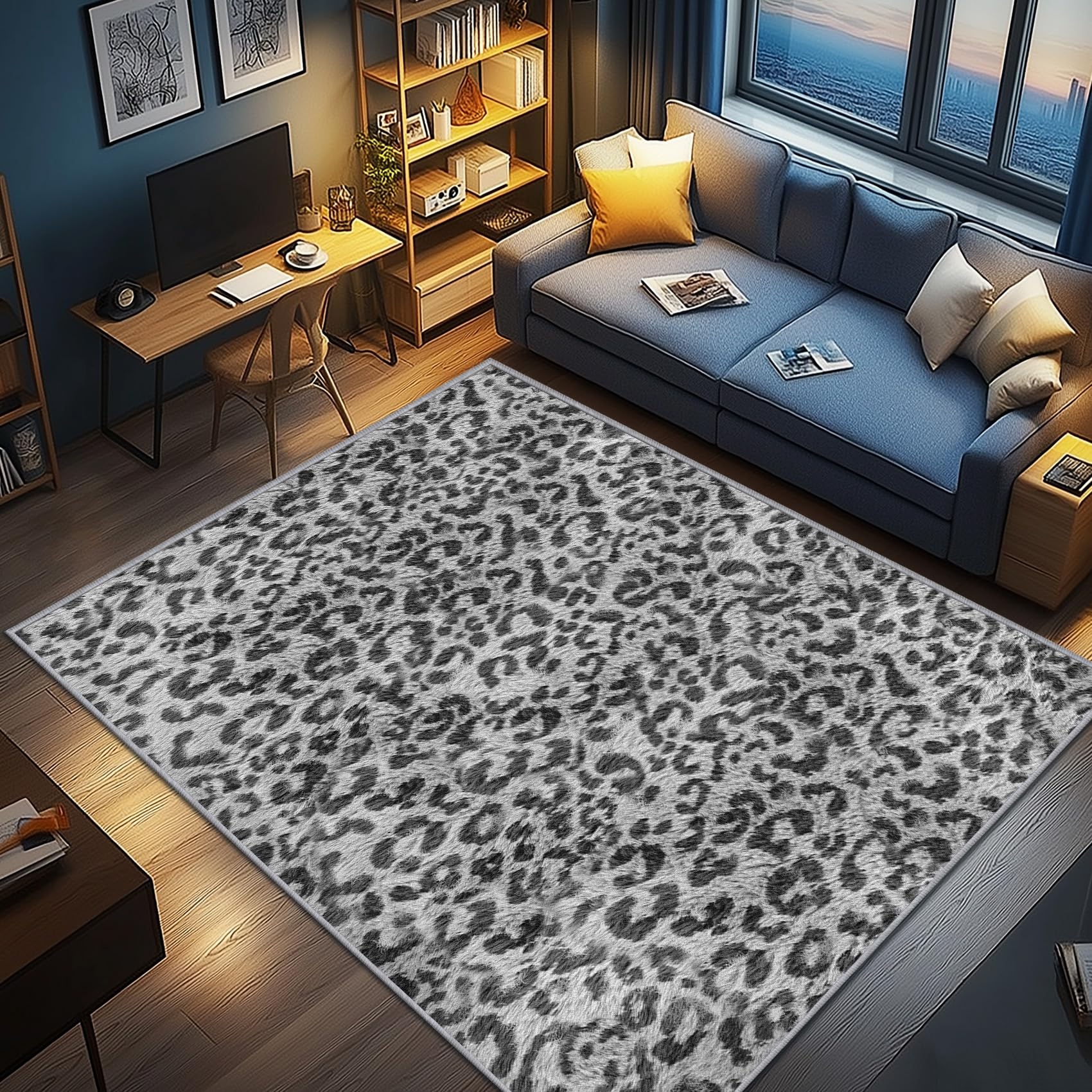 AevuCub Leopard Print Rug Small - Machine Washable Rugs Living Room Large 160x230, Animal Print Rug for Bedroom, Gray Modern Patterned Carpet, Non Slip & Soft Low Pile & Stain Resistant