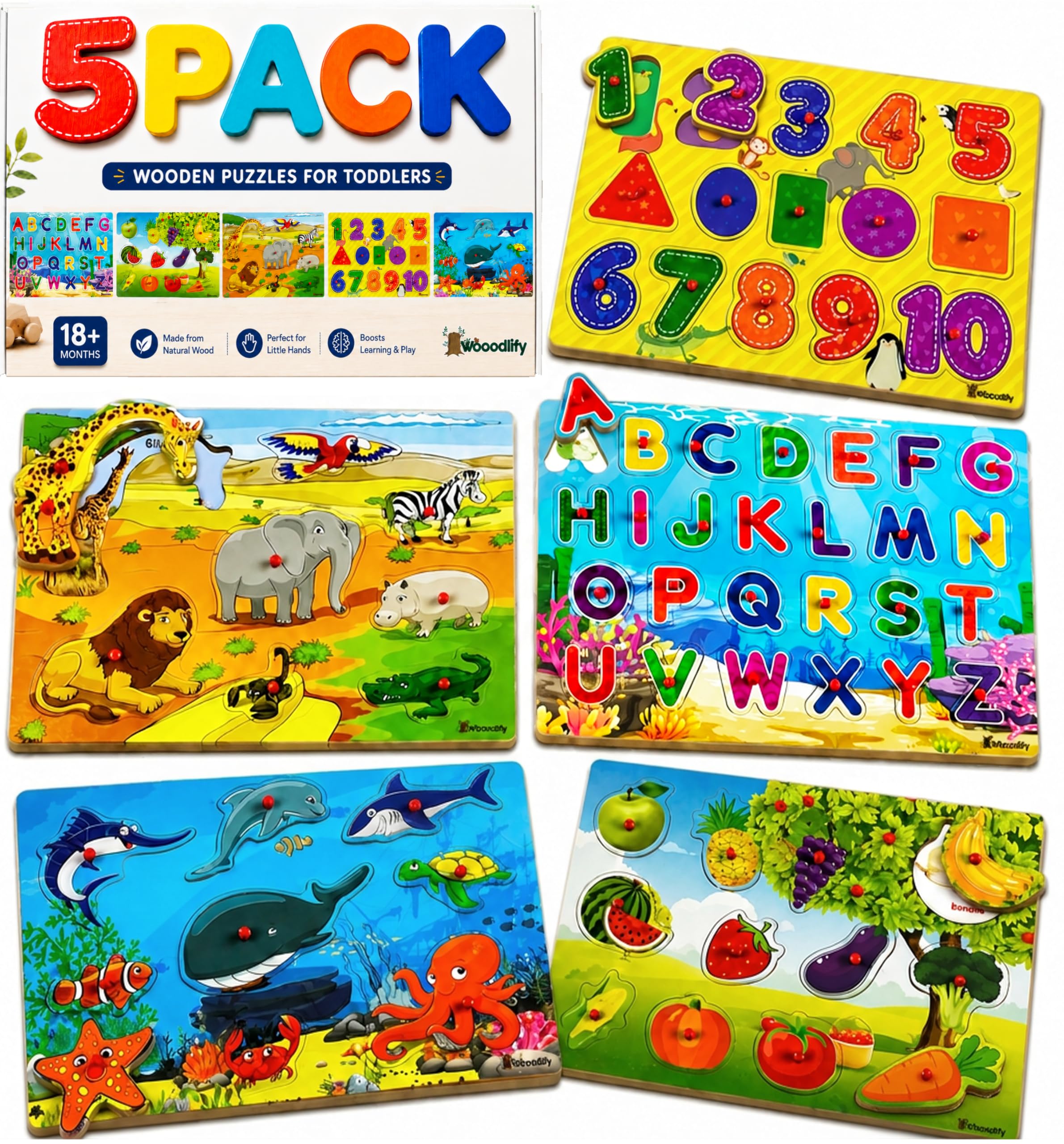 Amazon.com: 5 Pack Wooden Peg Puzzles for Toddlers 1-3 - Toddler