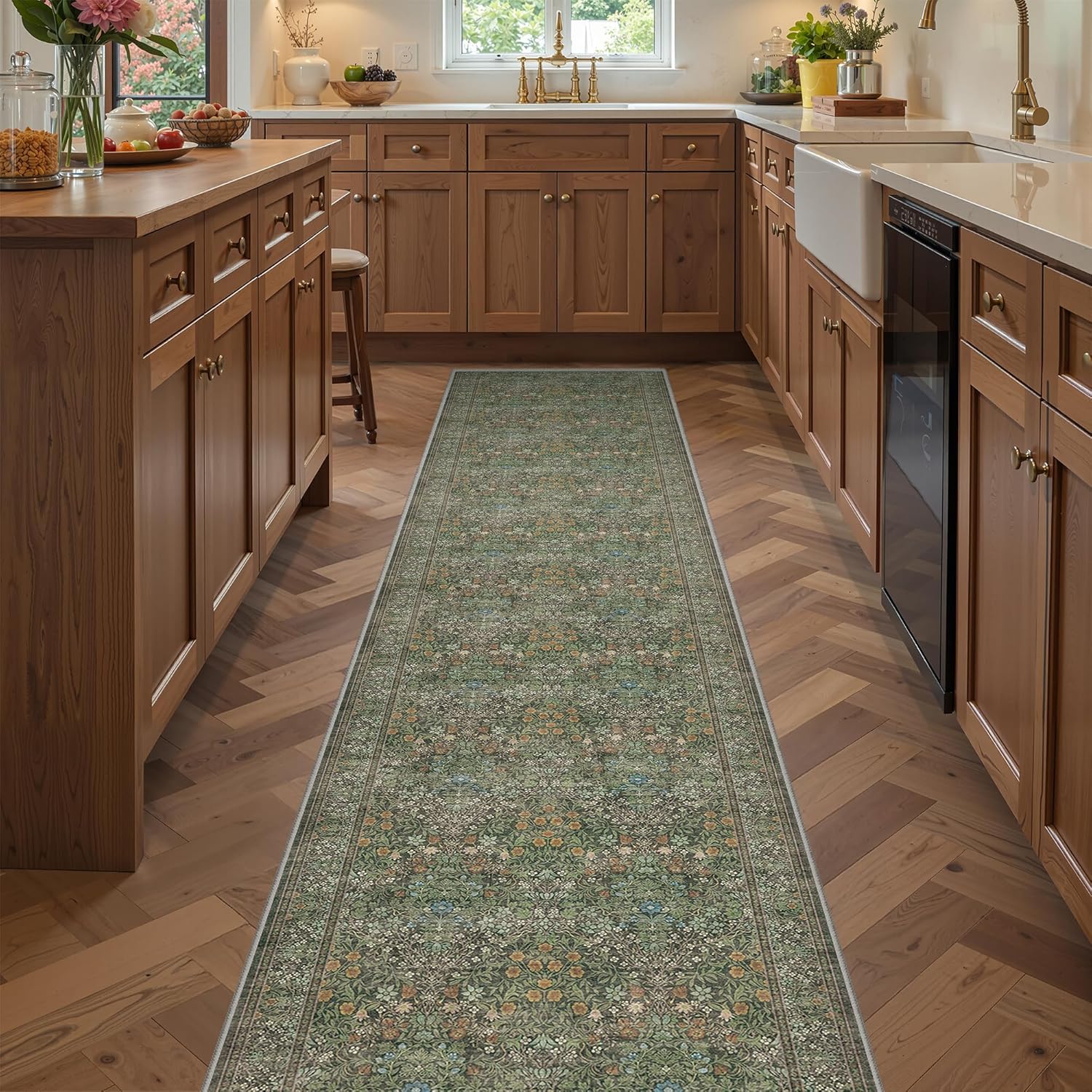 2x8 Runner Rug, Green Floral Rug for Entryway,Moynesa Washable Runners for Hallways, Rubber Backing Thin Kitchen Rugs Indoor, Soft Vintage Carpet for Living Room(2'x8', Dark Green)