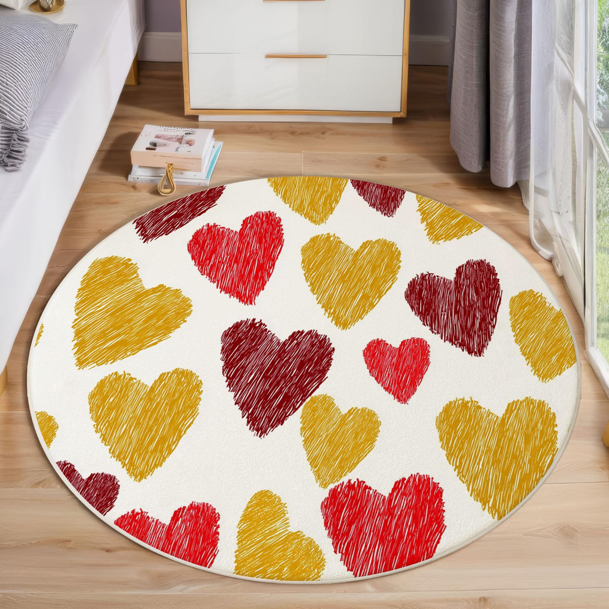 Teppich Rund 120cm Buntstiftmalerei rutschfest Teppiche Liebe Herz Clipart Waschbar Wohnzimmerteppich Kurzflor Weich Runder Teppich Senfgelb for Schlafzimmer Studie Heimbüro