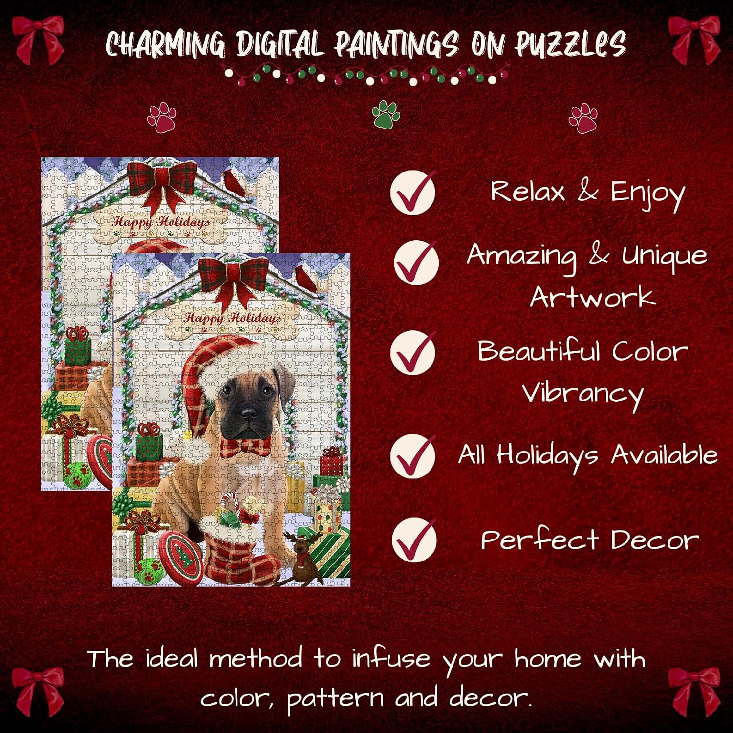Christmas House with Presents Bullmastiff Dog Jigsaw Puzzle for Adults - Animal Printed Interlocking Puzzle Game Artwork - Gift for Dog Lover's - 300 Pcs 14"x20"