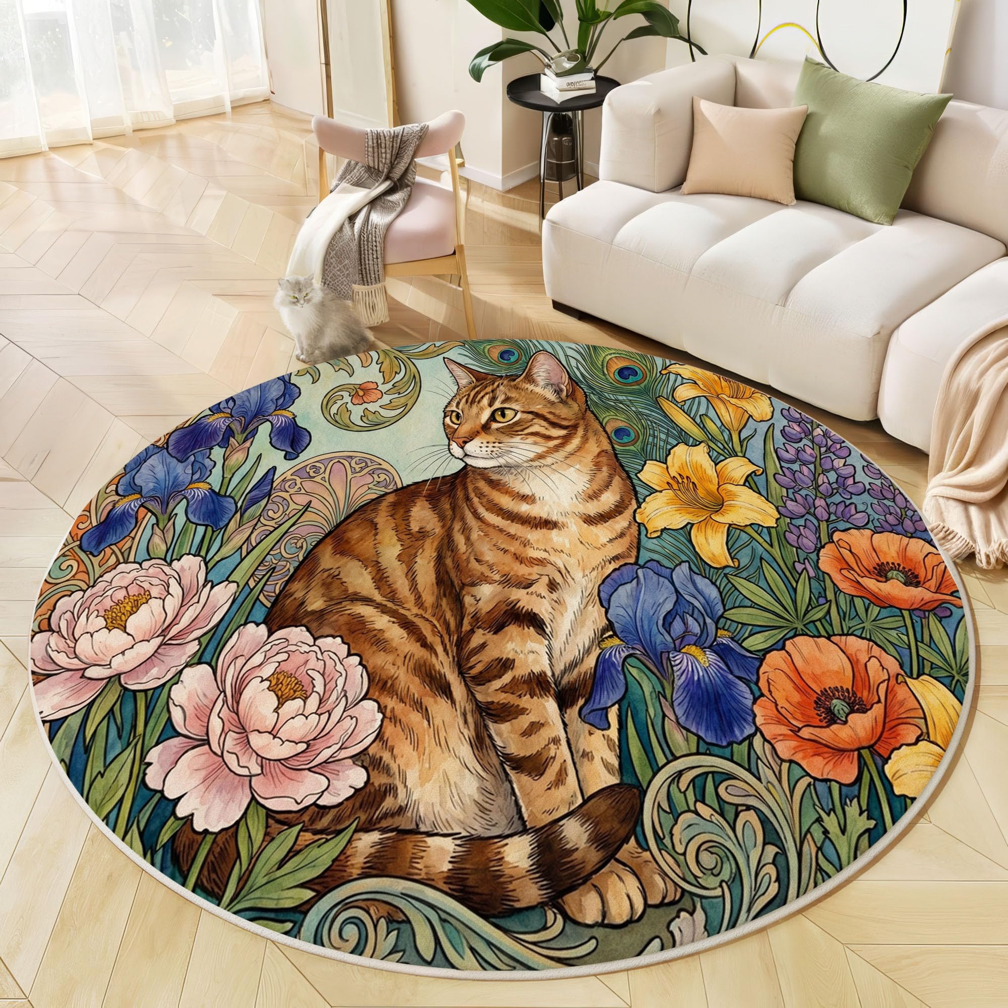 Tapis de salon rond animaux chat tigré résistant aux taches et lavable
