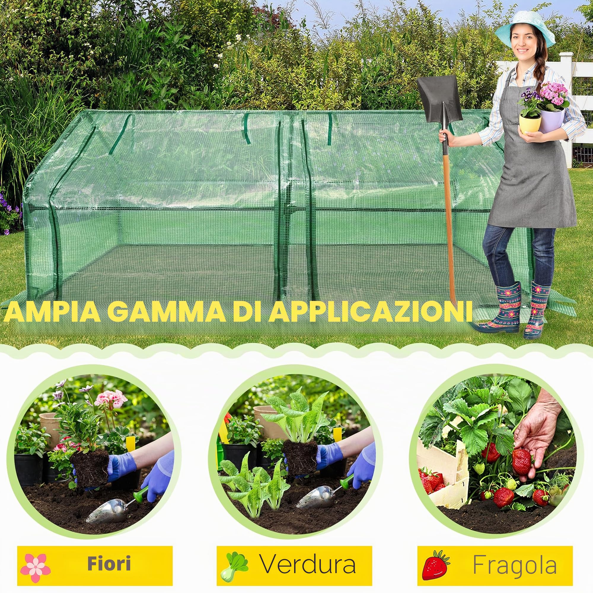 Froadp Serra piccola casetta per pomodori in HDPE da 140 g/m², struttura in ferro, 180 x 90 x 90 cm, con 2 porte a rotelle per giardini, balconi, terrazze, cortili e cortili