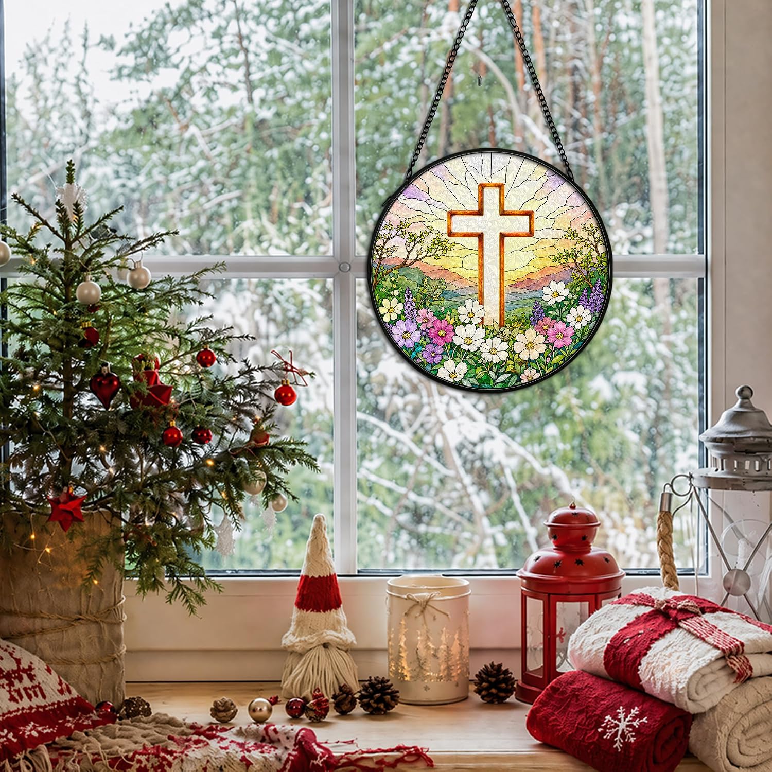 Christian Cross Stained Glass Suncatcher Window Hanging Decor