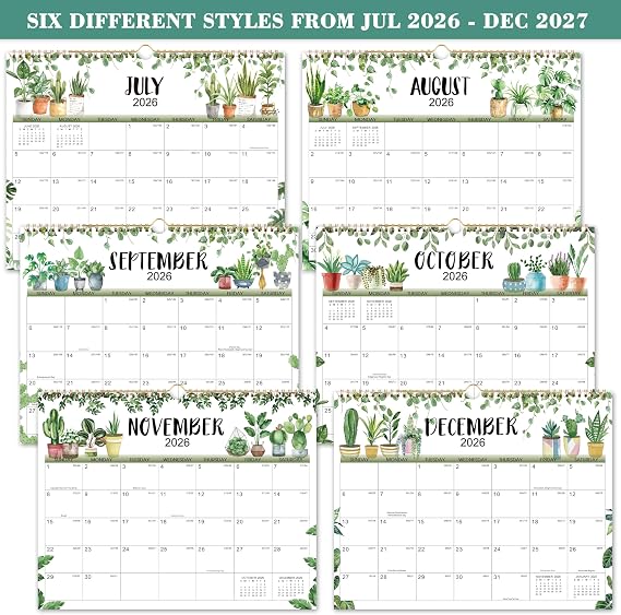 Calendar 2026-2027- Wall Calendar 2026-2027, Jul. 2026 - Dec. 2027, 18-Month Calendar, 15 x 11.5, Twin-Wire Binding + Hanging Hook + Thick Paper + Unruled Blocks with Julian Dates - Plants
