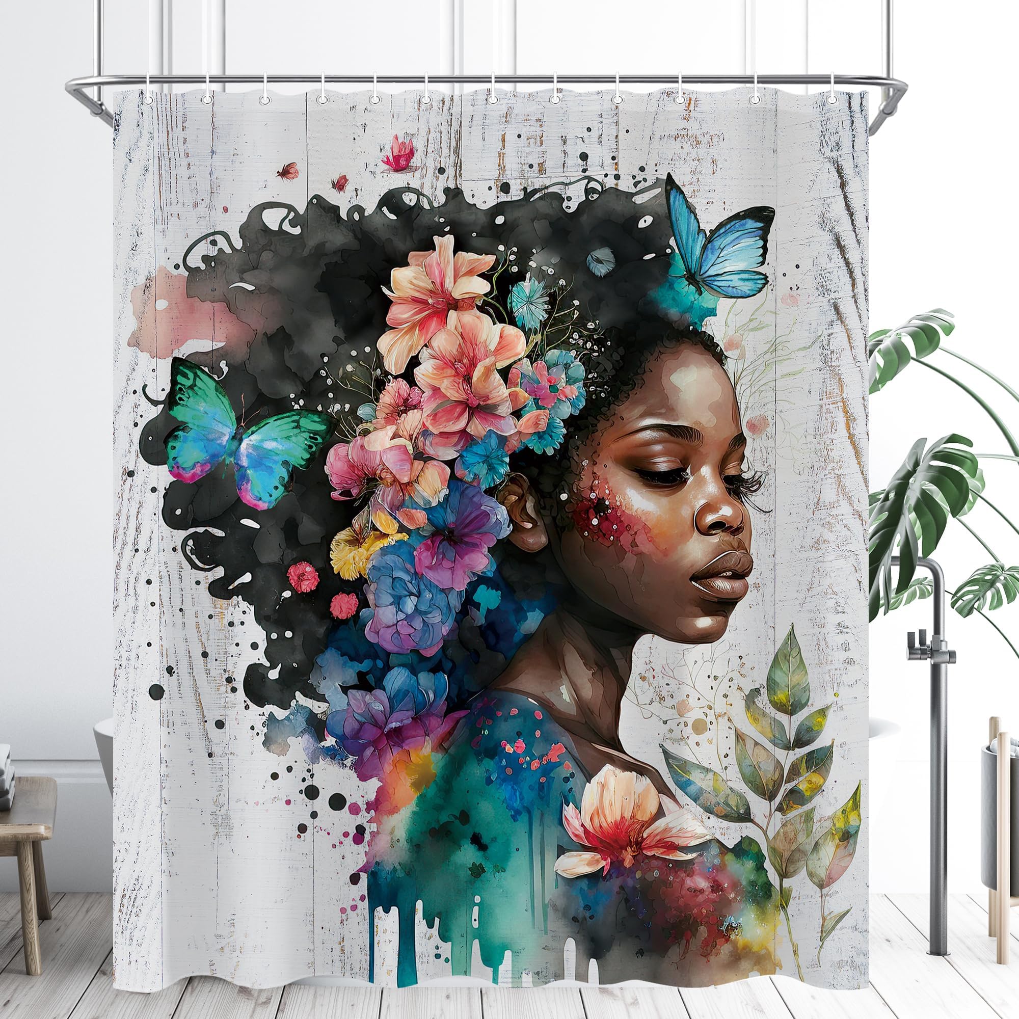 Amazon.com: DYNH Black Girl Shower Curtain, Butterfly with Black Woman ...