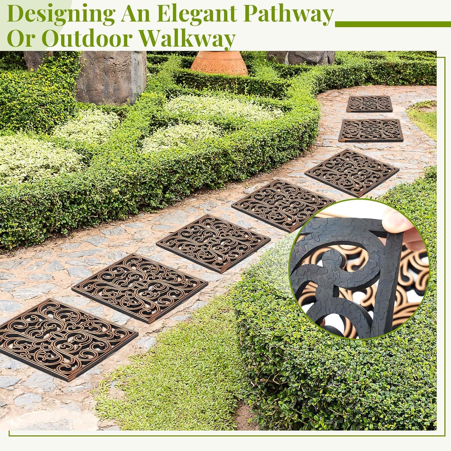 Pangda 8 Pcs Rubber Stepping Stones Outdoor Garden Walkway, 12 x 12 Inch Heavy Duty Pathway Pavers Retro Decorative Stepping Stones for Outside Landscaping Yard Lawn Path(Copper,Scroll Square)