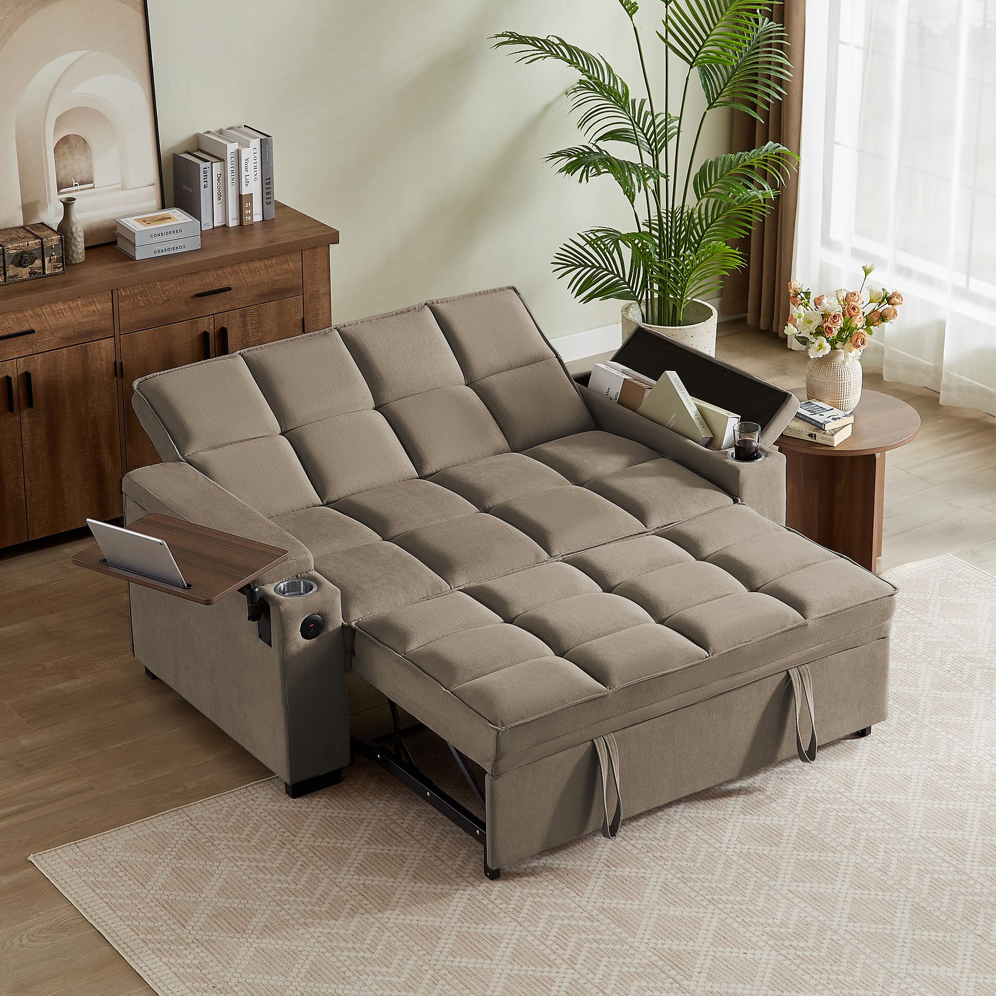 ?(INCOMPLETE)66" Multi-Functional Pull-Out Sofa Bed with Hidden Side Table, Storage Armrests, Built-in Charging Port, Spring Mattress, Solid Wood Frame – Ideal for Small Spaces, Easy Assembly