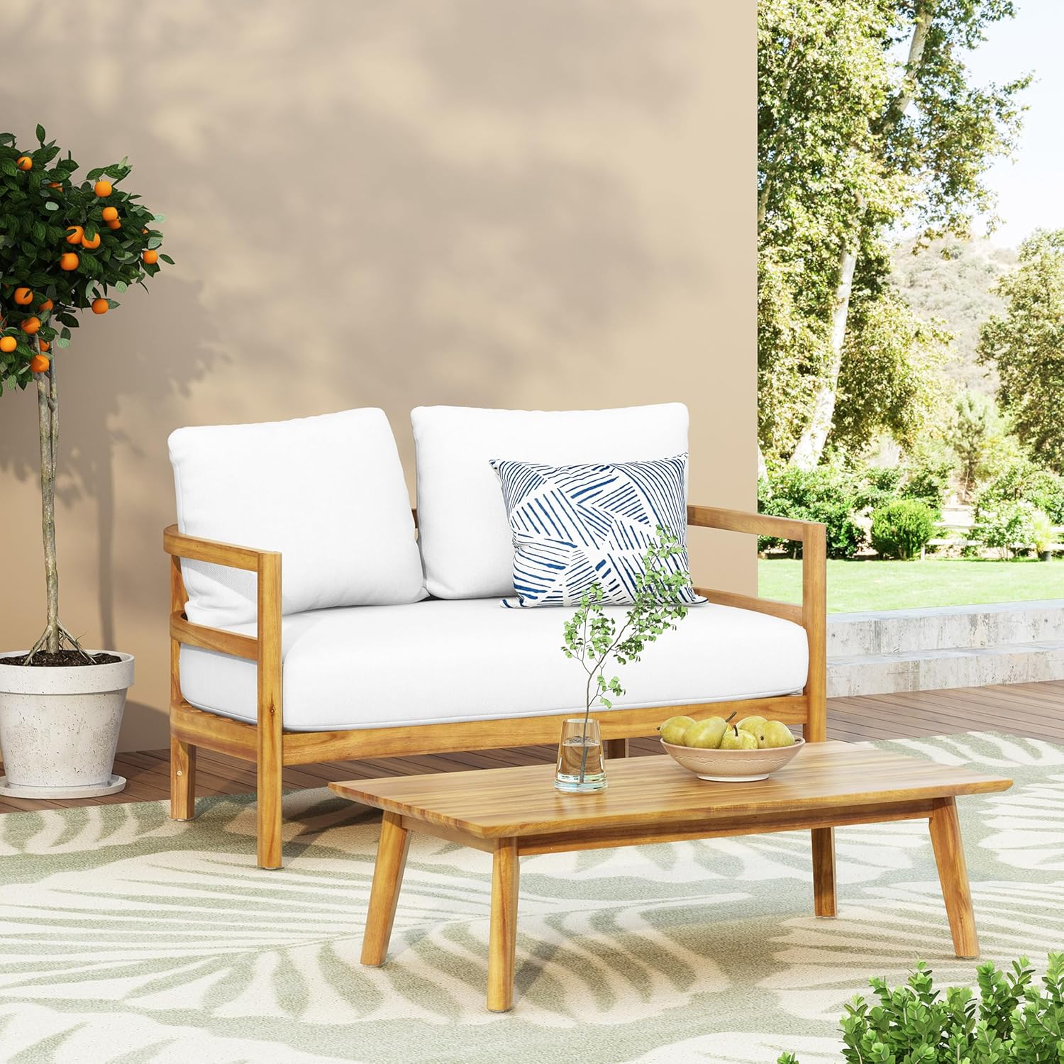 Merax Outdoor Patio Set - Acacia Wood Loveseat & Table