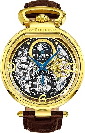 St hrling Original Mens Skeleton Watch Dial Automatic Watch with Calfskin Leather Band and - Dual Time, AM/PM Sun Moon Gold and Brown