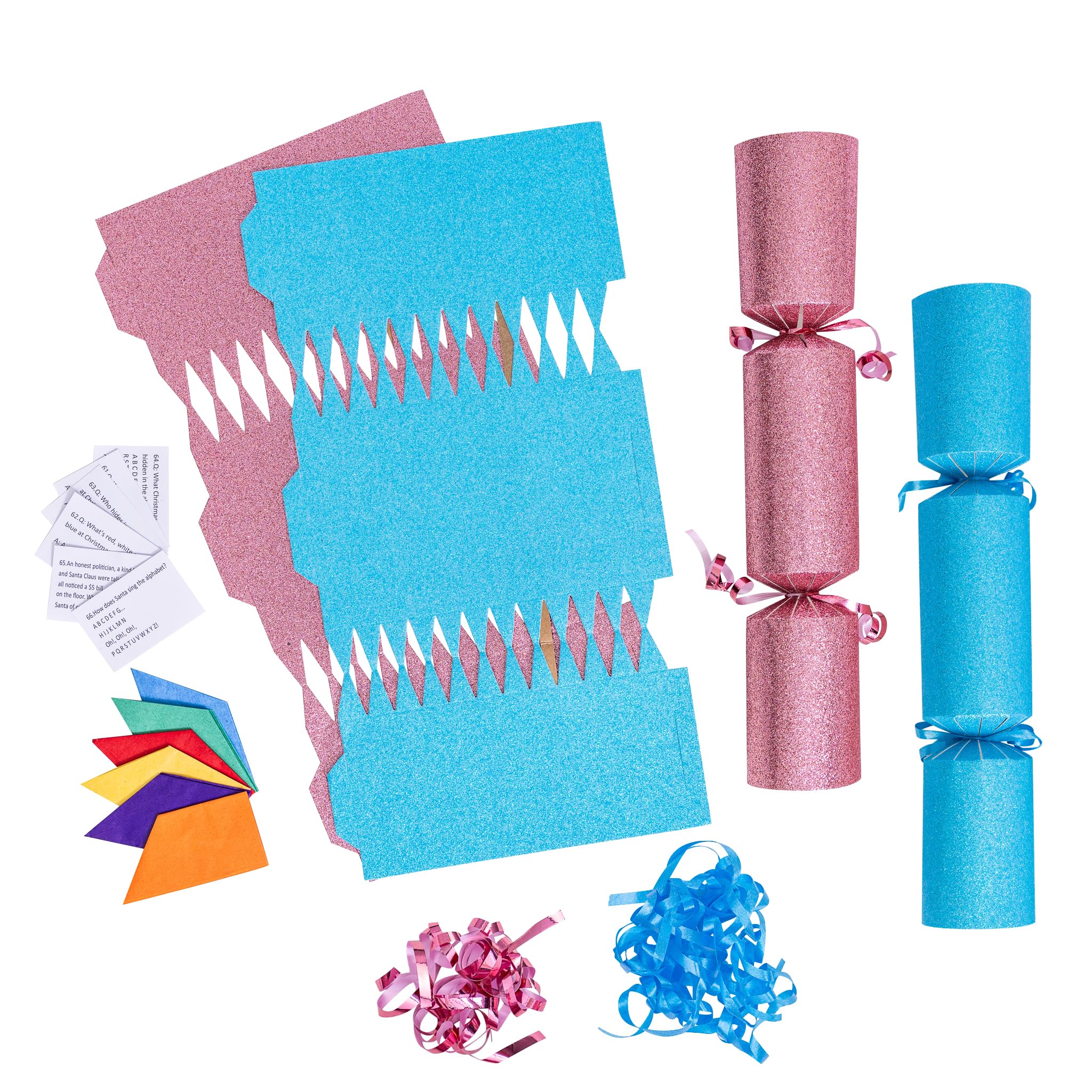 evelay 12 Make Your Own Christmas Cracker Kit DIY Blue & Pink Glitter Crackers Hats Snaps Jokes (Blue, Pink)