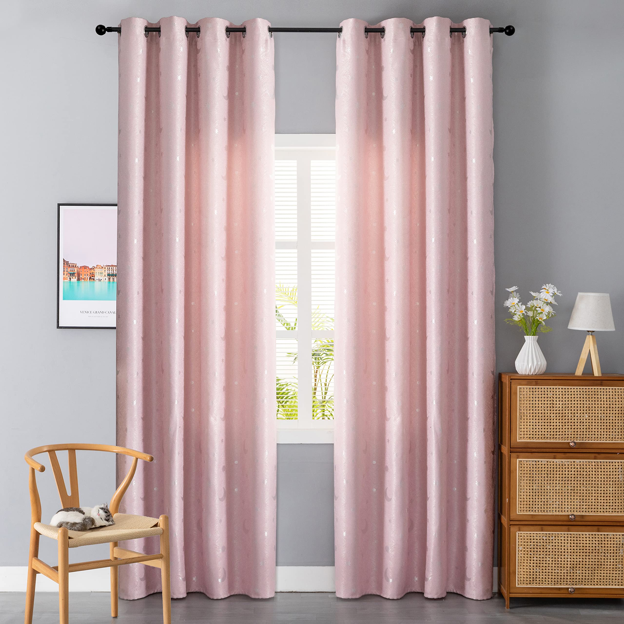 GIRASOLE HOME® Tende Jacquard Semi Oscuranti Fantasia Luna e Stelle Tenda Morbida Termica Isolante 2 Pannelli con Occhielli Rosa Stelle 140x275cm