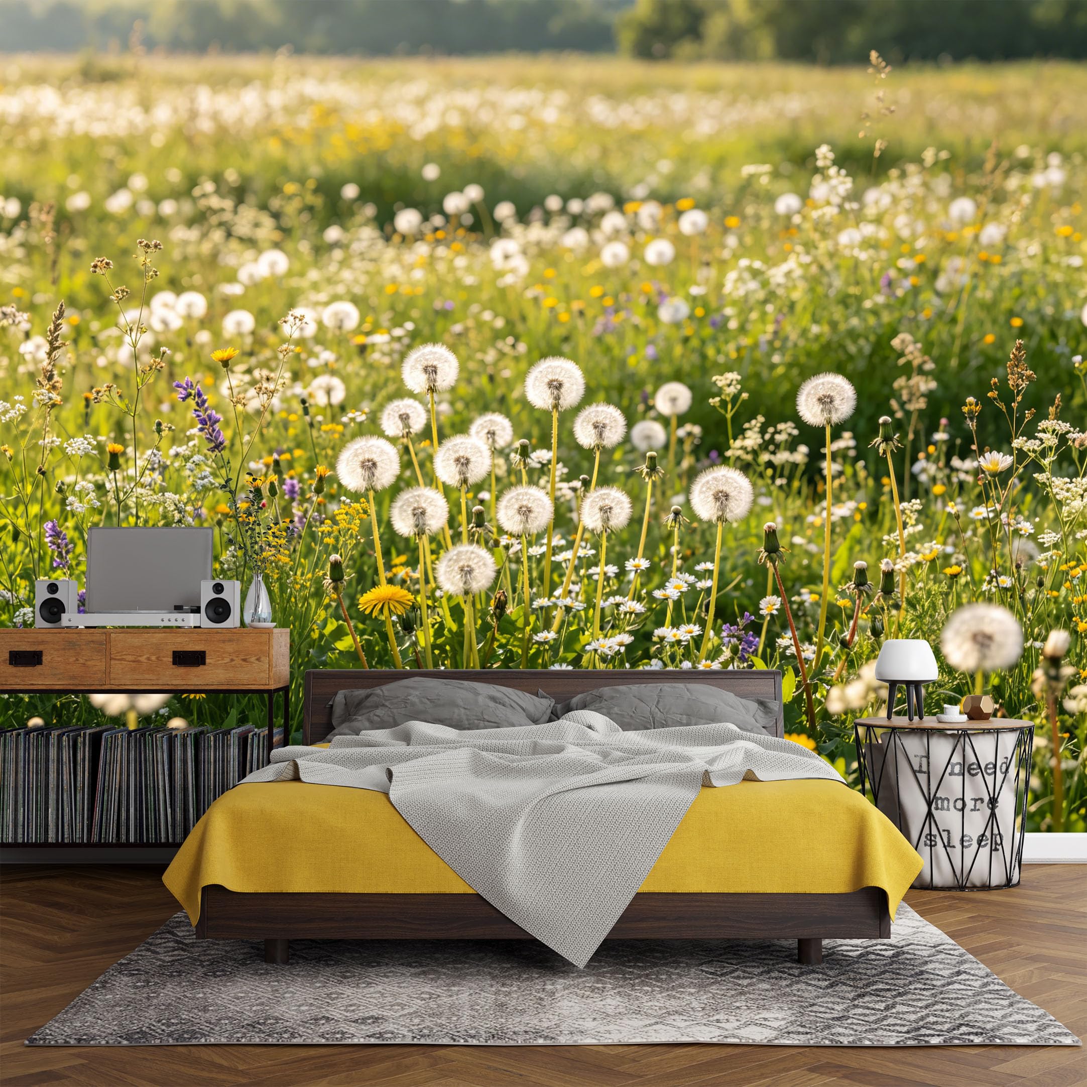 Custom Size Wall Mural， Botanical Dandelion Meadow Wildflowers Sunlight Field，SelfAdhesive Art Prints wall Fabric (No PVC) Removable Wallpaper Living Room Decor