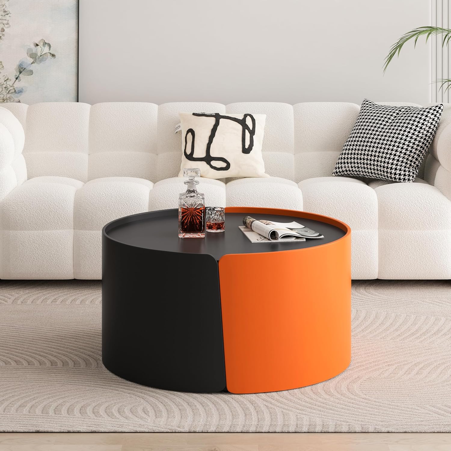 Nesting Coffee Table, Round Nesting Tables and End Tables for Small Space, Modern Side Tables with Extendable Sliding Tabletop for Living Room, Office, No Need Assembly (Black)
