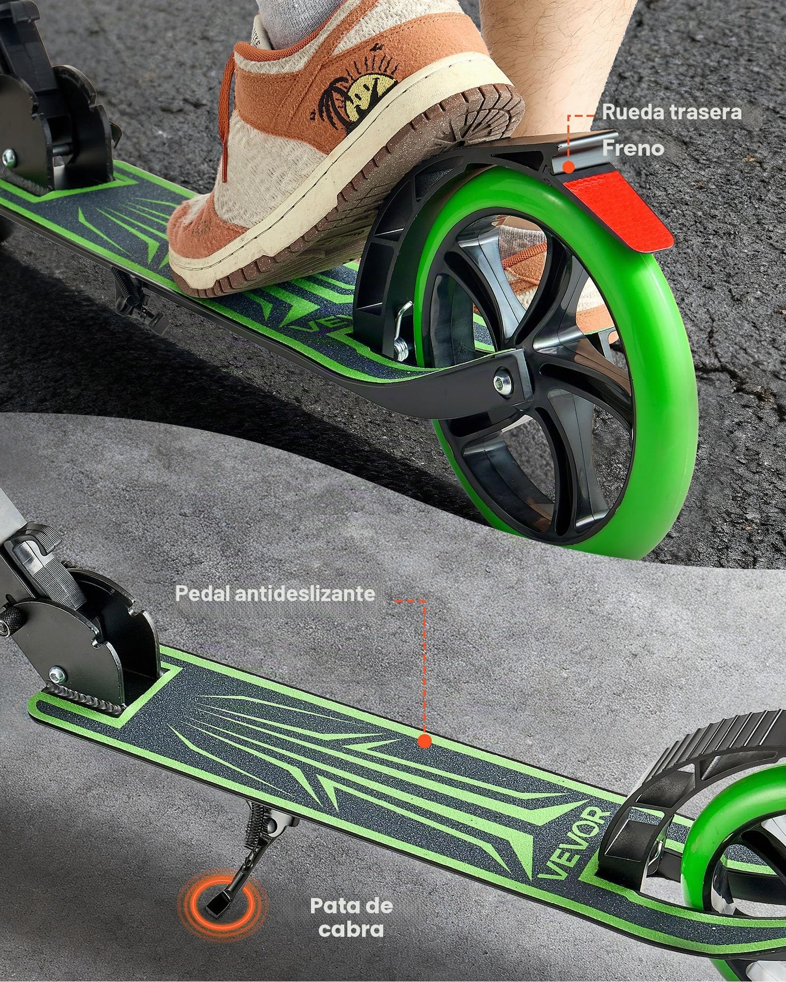 VEVOR Patinete para Niños a Partir de 8 Años, 2 Ruedas, con Manillar Regulable en Altura y Base Antideslizante, Marco de Aleación de Aluminio, hasta 100 kg, Negro y Verde, 900 x 380 x 1000 mm