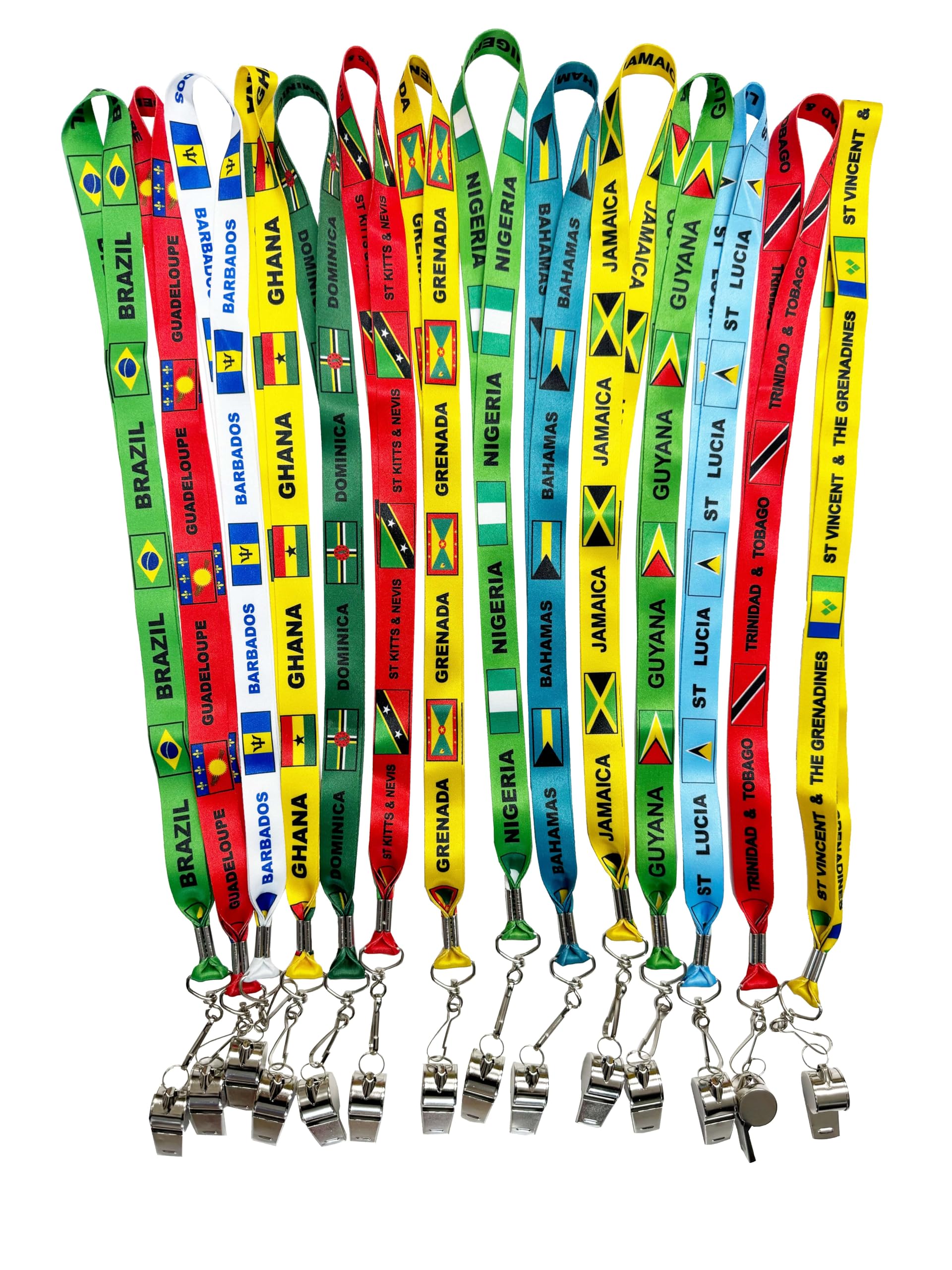 Zac's Alter Ego Set of 14 Metal Whistles on Carnival Caribbean & African Country Lanyards