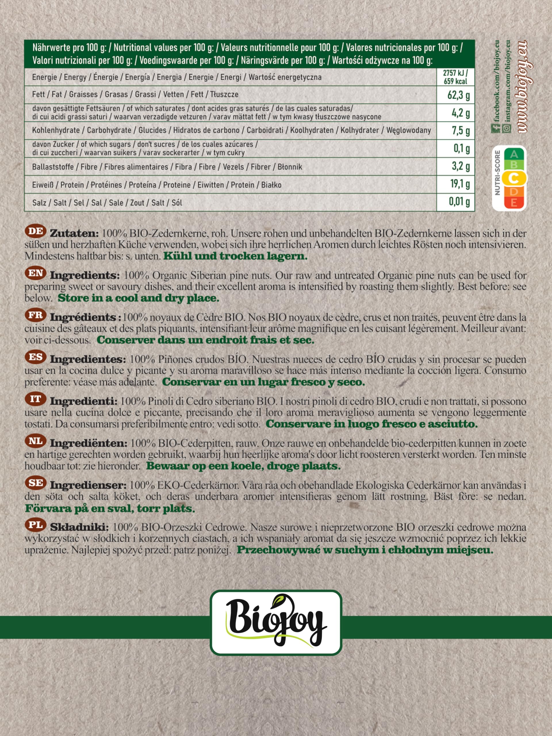 Biojoy Pinoli di Cedro Siberiani Biologici (500 g), Pinoli Sgusciati, Crudi e Non Salati