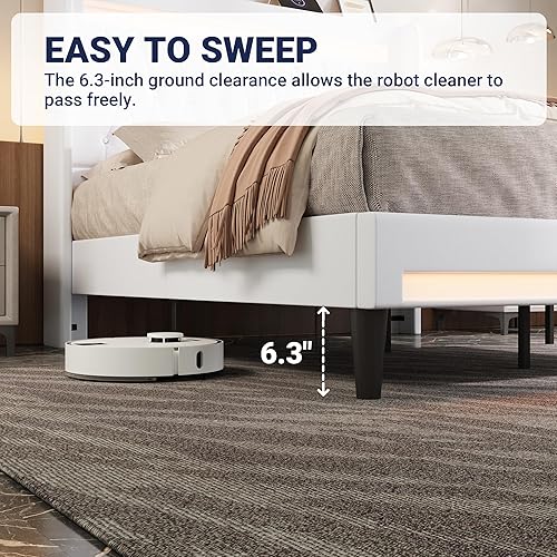 Miniatura 6 de Allewie Base de cama con plataforma tapizada tamaño Queen con luz LED y estación de carga, cabecera alta con botones acolchados, diseño de respaldo