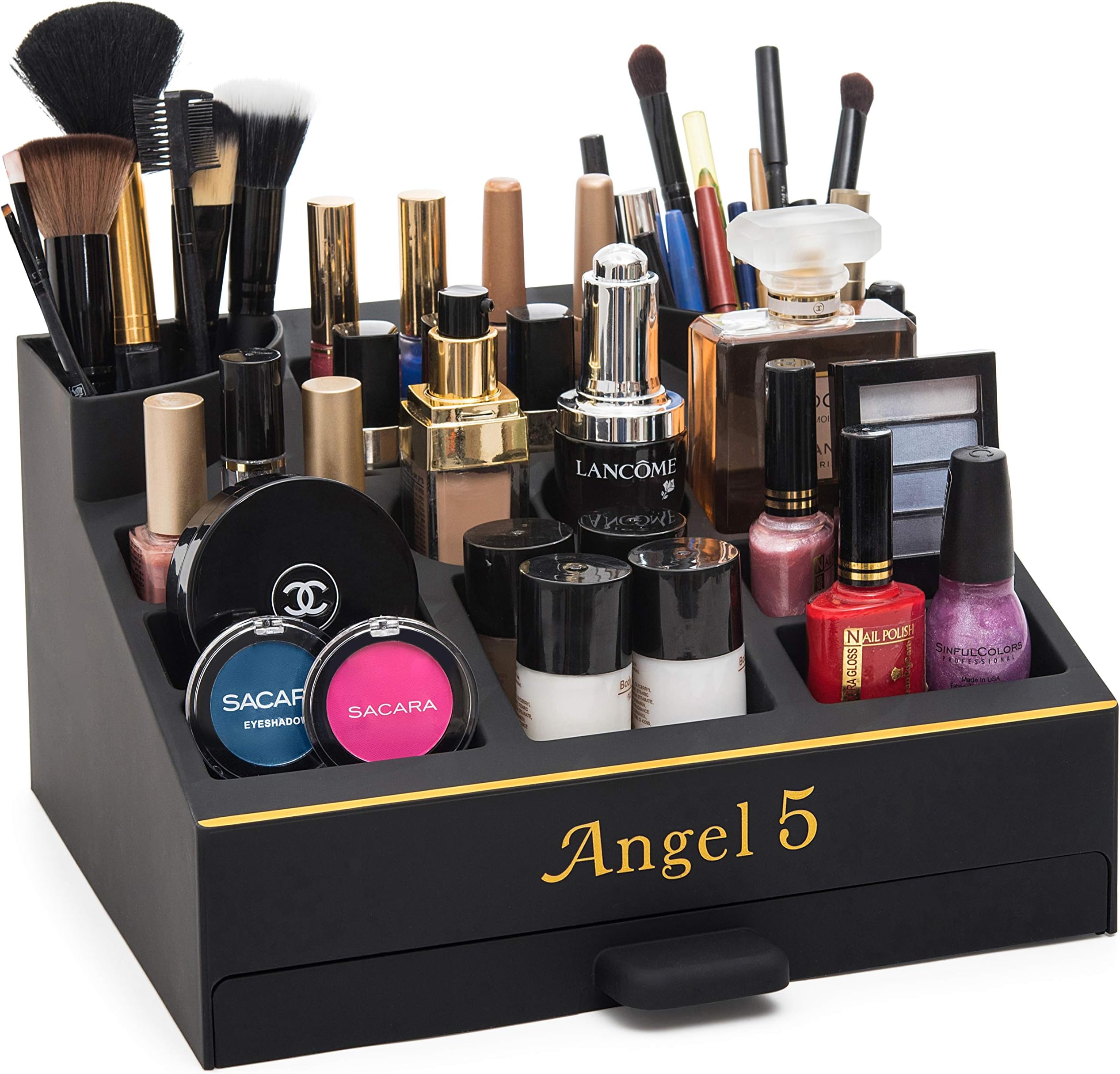 Angel 5 Makeup Organizer - Cosmetic Organizer Jewelry, Ideal Fit With Large Capacity, Brushes Makeup Storage For Vanity/Bathroom/CounterTop, Gift Ideas - Special 19 Compartments,1 Drawer (Black)