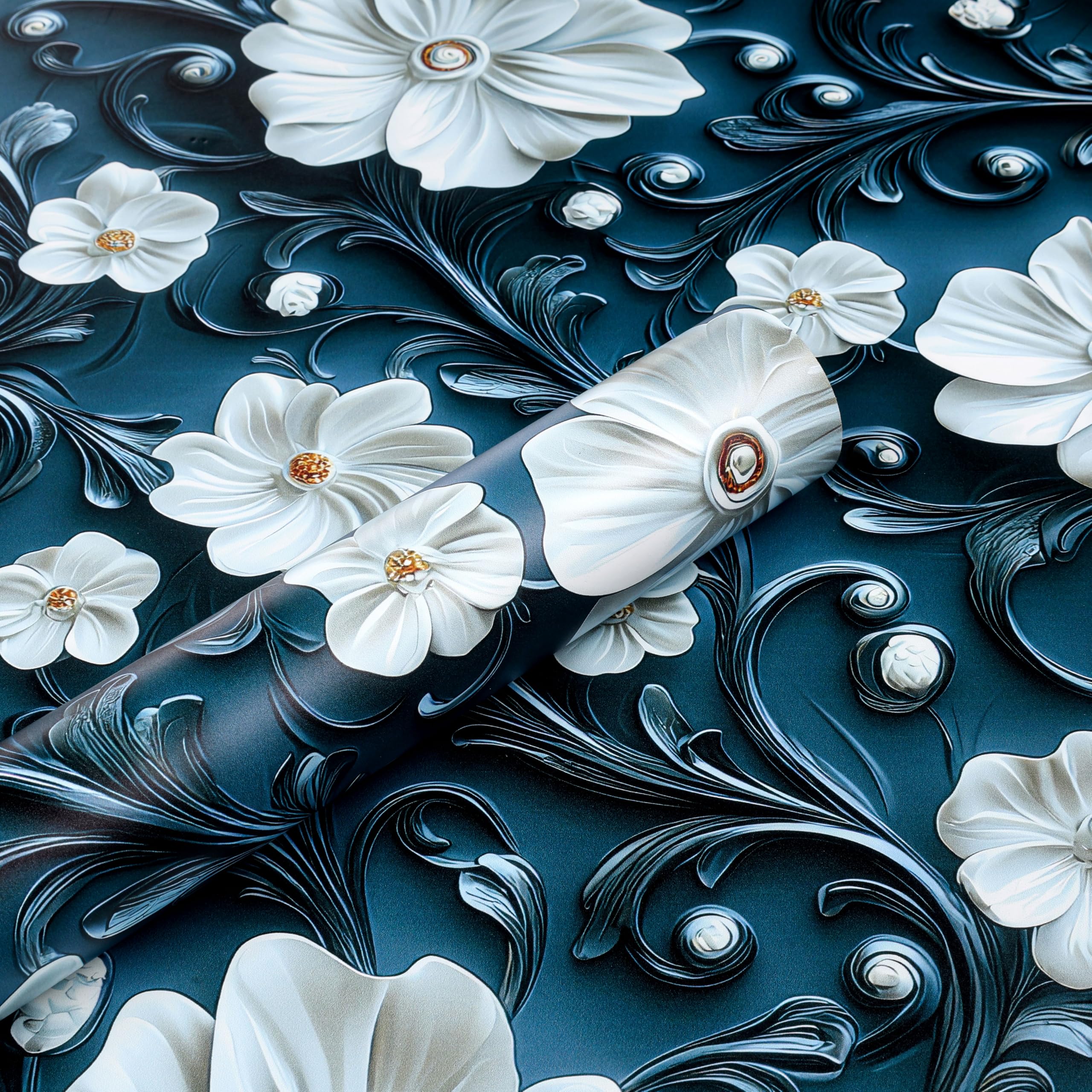 ReWallpaper Folia samoprzylepna Niebieskie kwiaty Vintage Samoprzylepna tapeta Efekt 3D Fototapeta Kwiaty Białe 44,5 cm x 3 m Folia do mebli Szafki kuchenne Szuflady Tapeta ściana Niebieska